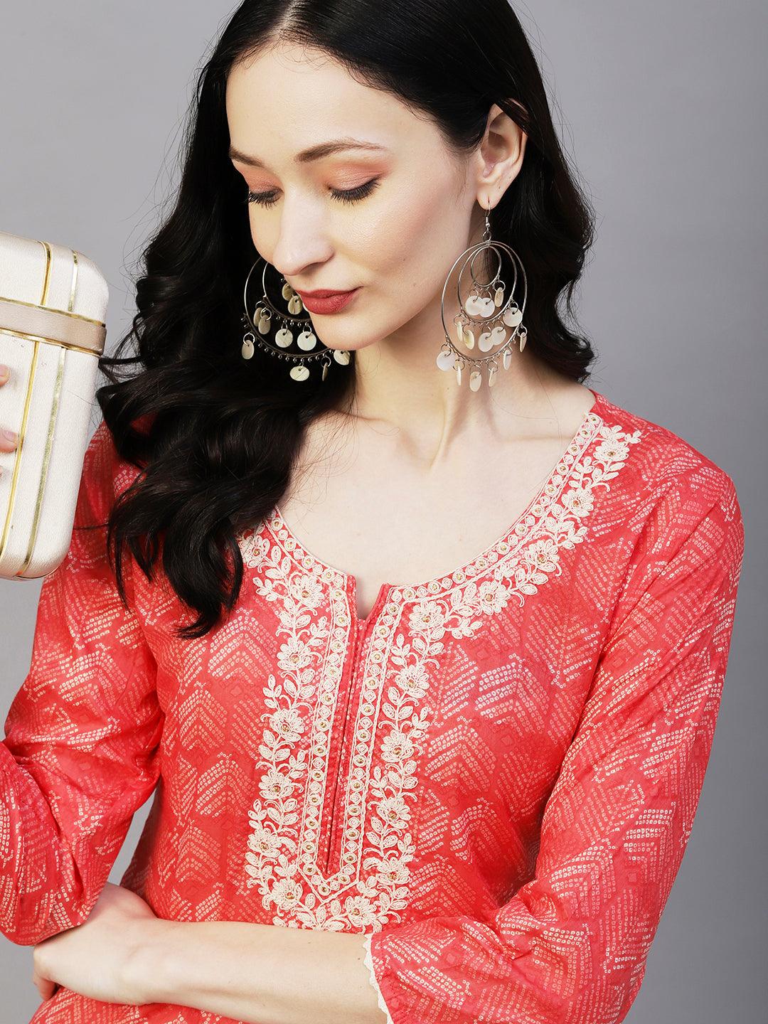 Abstract Printed Crochet Lace Ornamented & Resham Dori Embroidered Kurta - Coral - Indiakreations