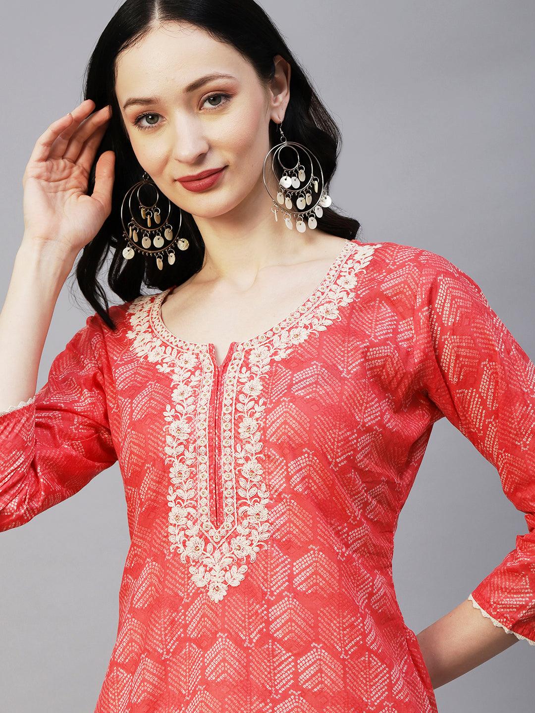 Abstract Printed Crochet Lace Ornamented & Resham Dori Embroidered Kurta - Coral - Indiakreations