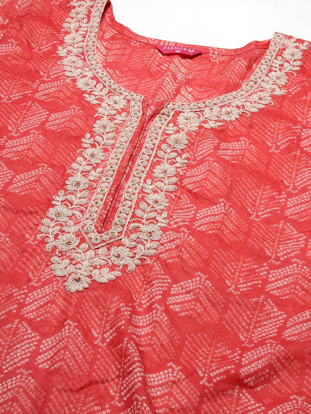 Abstract Printed Crochet Lace Ornamented & Resham Dori Embroidered Kurta - Coral - Indiakreations