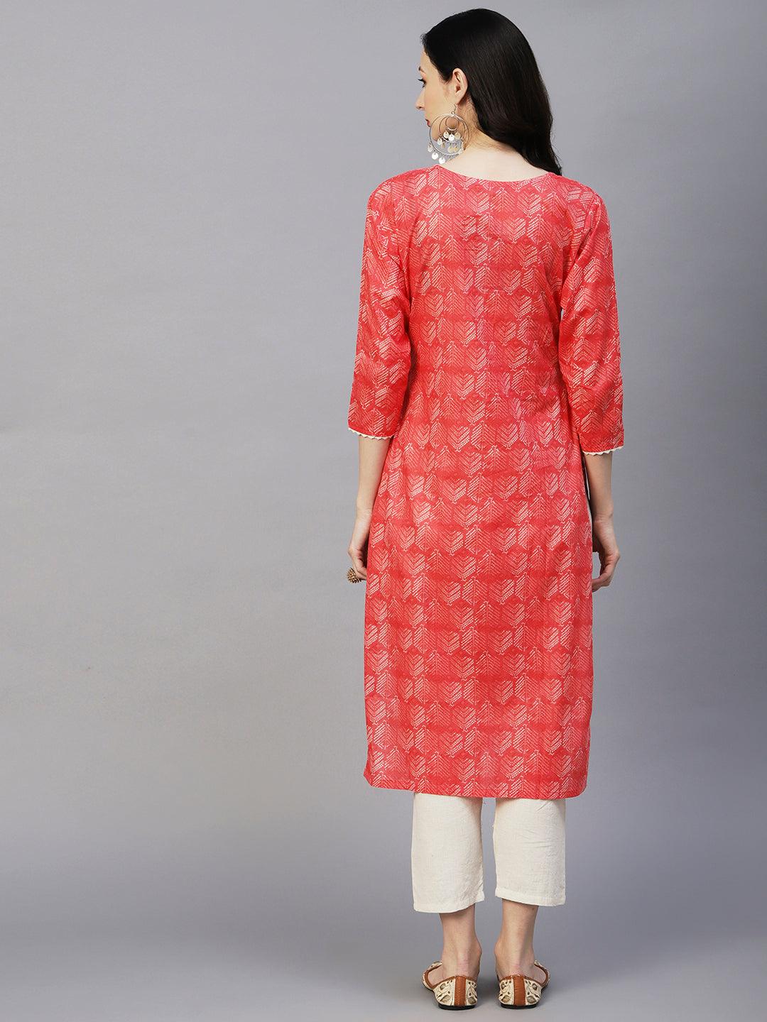 Abstract Printed Crochet Lace Ornamented & Resham Dori Embroidered Kurta - Coral - Indiakreations