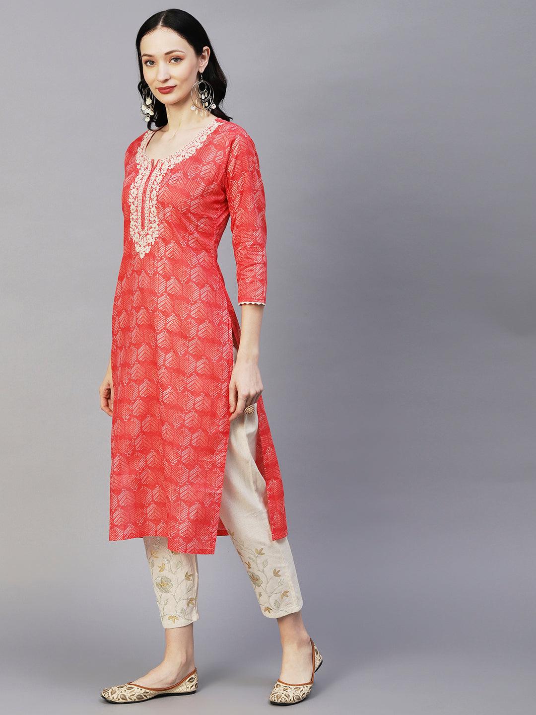 Abstract Printed Crochet Lace Ornamented & Resham Dori Embroidered Kurta - Coral - Indiakreations