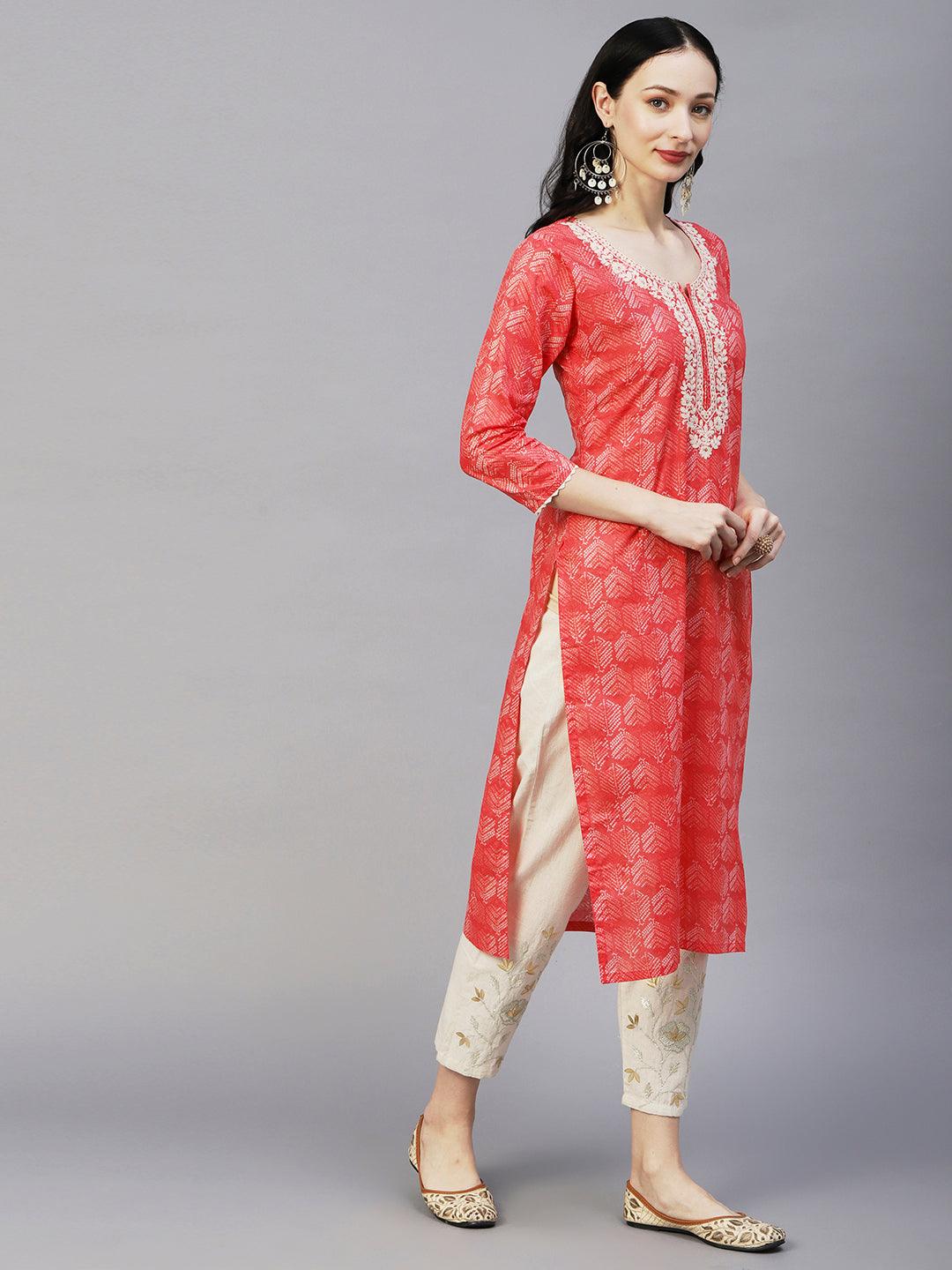 Abstract Printed Crochet Lace Ornamented & Resham Dori Embroidered Kurta - Coral - Indiakreations