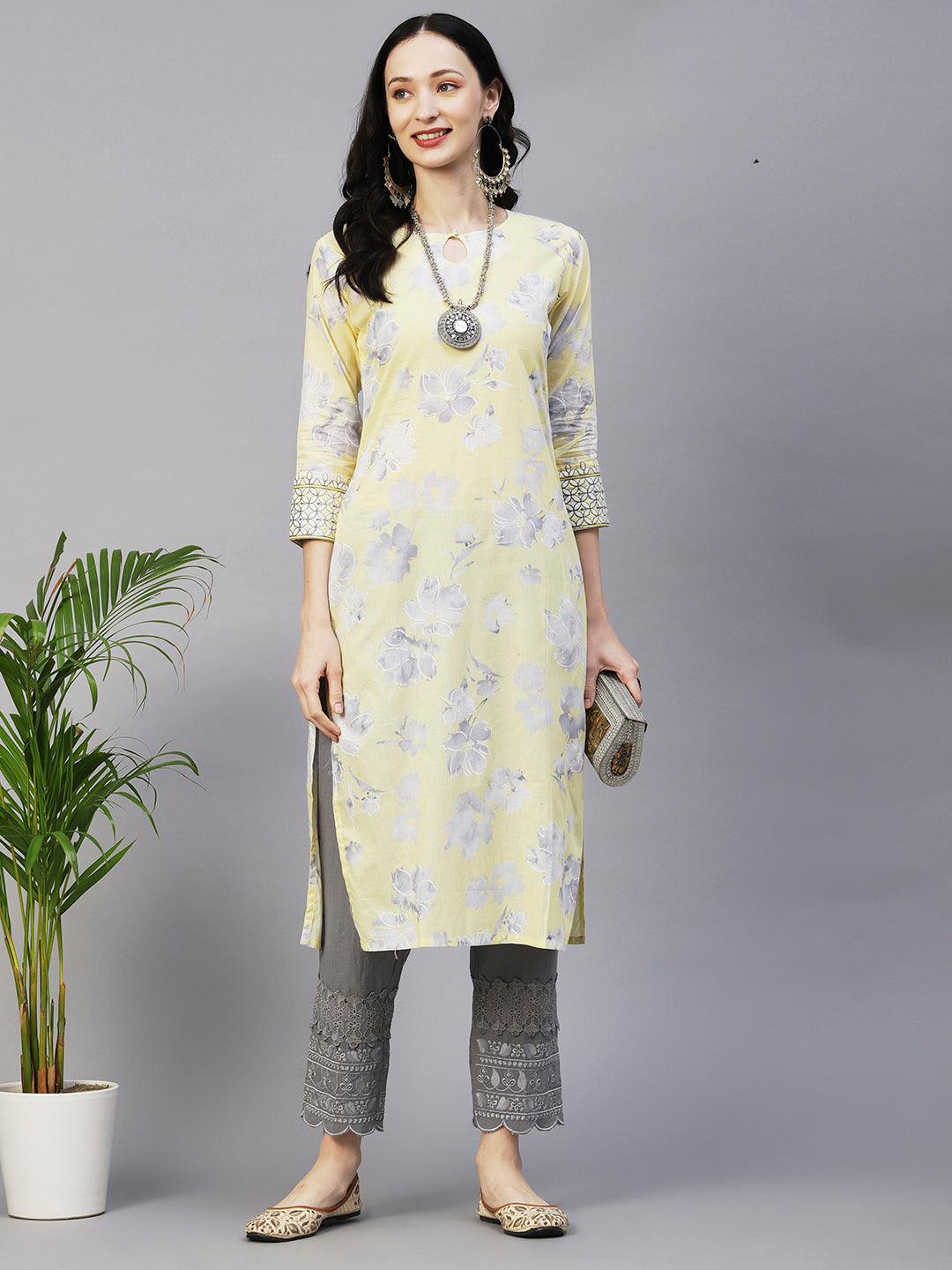 Floral Printed Resham Embroidered Kurta - Light Yellow - Indiakreations