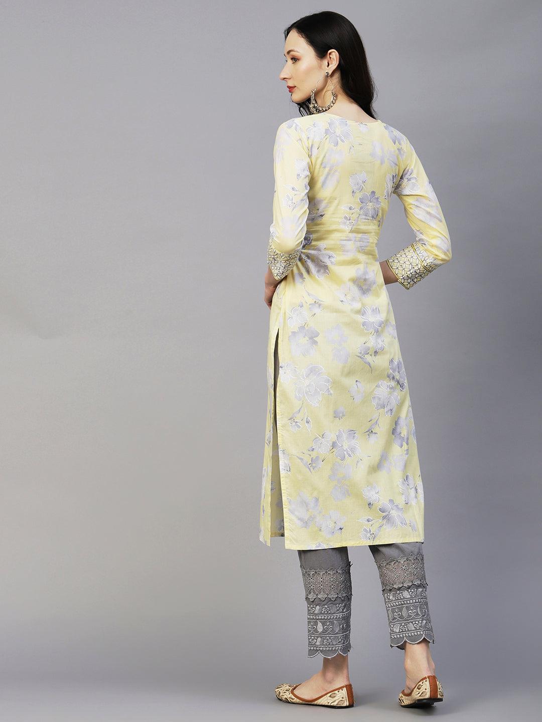 Floral Printed Resham Embroidered Kurta - Light Yellow - Indiakreations