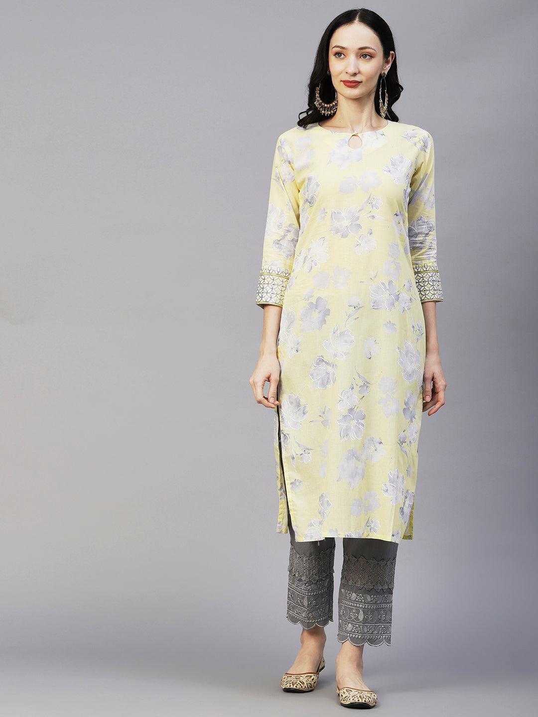 Floral Printed Resham Embroidered Kurta - Light Yellow - Indiakreations