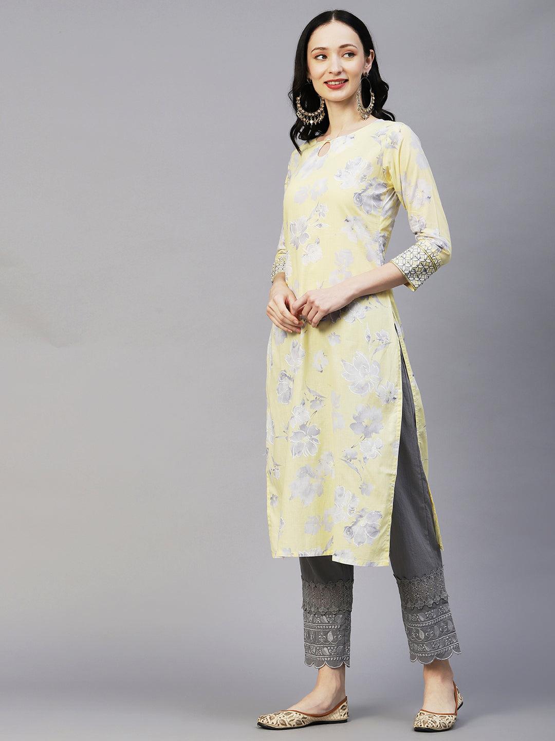 Floral Printed Resham Embroidered Kurta - Light Yellow - Indiakreations