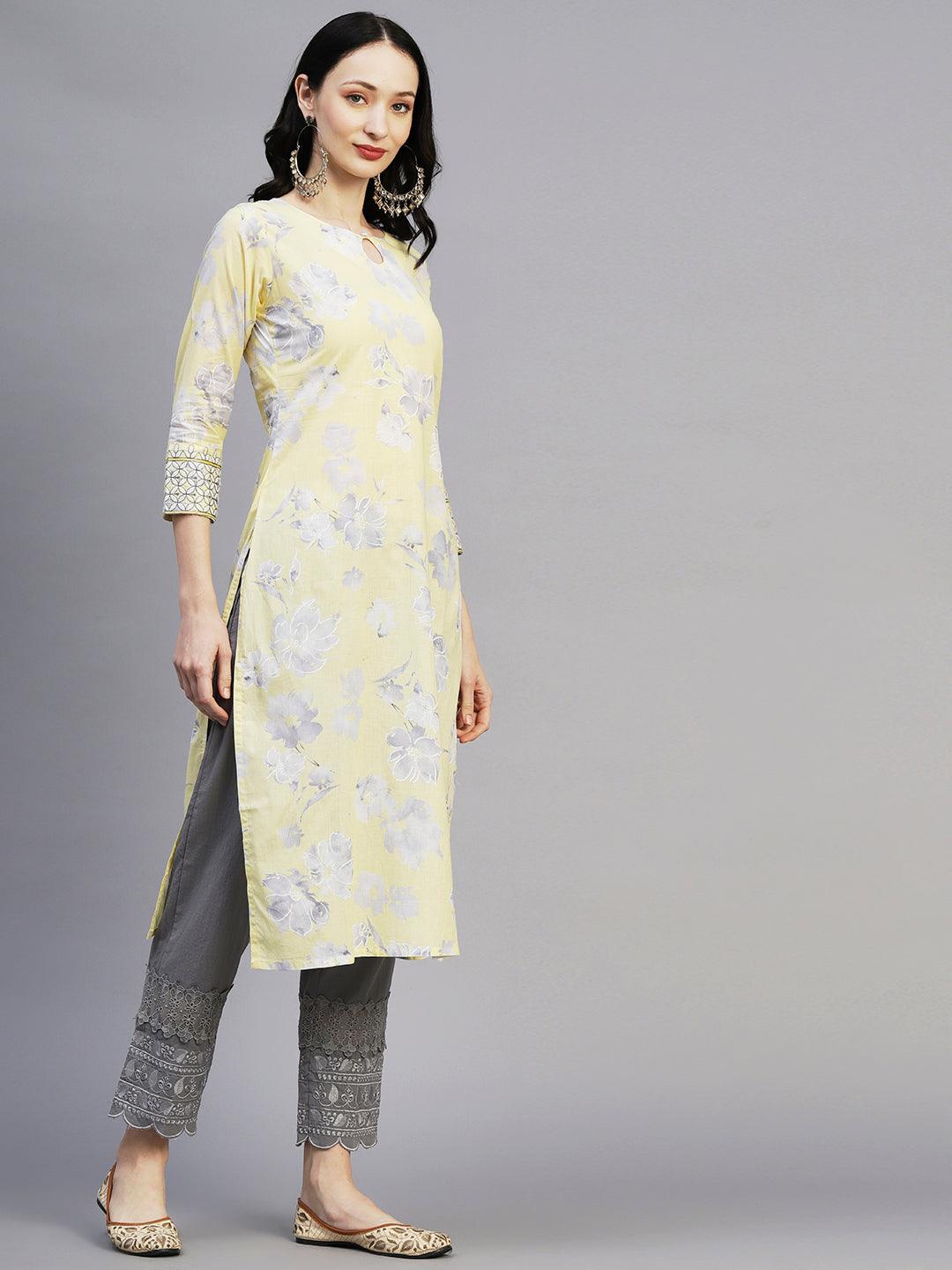 Floral Printed Resham Embroidered Kurta - Light Yellow - Indiakreations