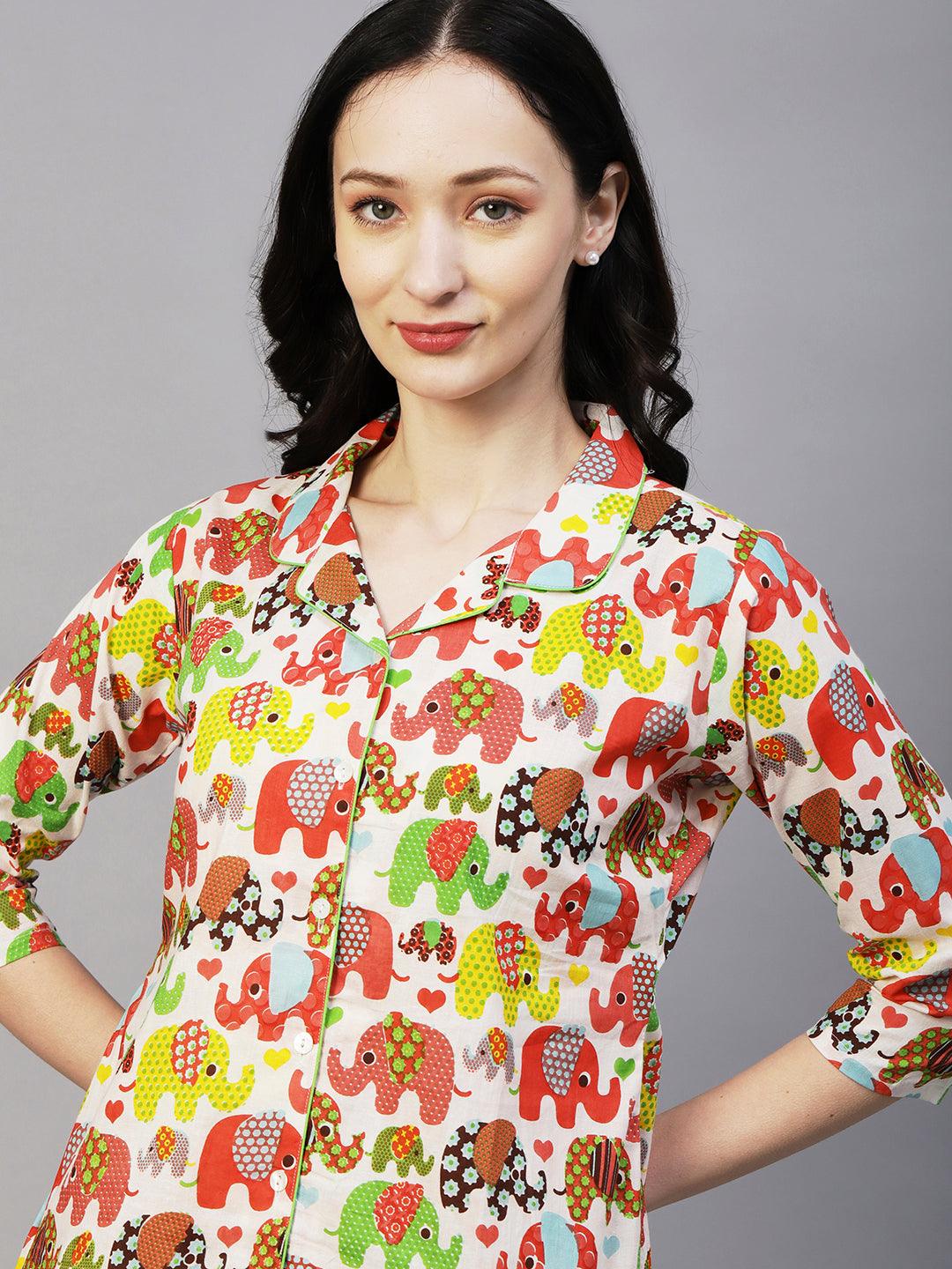 Quirky Elephant Printed Shirt With Matching Pants Lounge Wear Set - White & Multi - Indiakreations