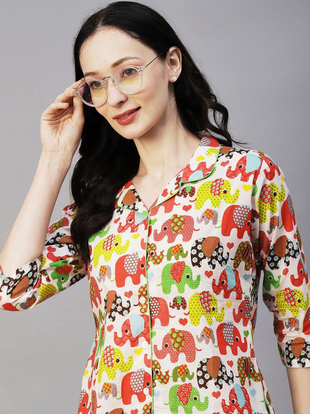 Quirky Elephant Printed Shirt With Matching Pants Lounge Wear Set - White & Multi - Indiakreations