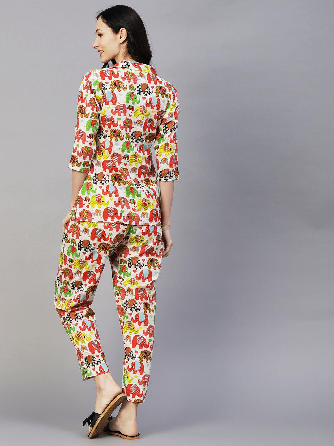 Quirky Elephant Printed Shirt With Matching Pants Lounge Wear Set - White & Multi - Indiakreations