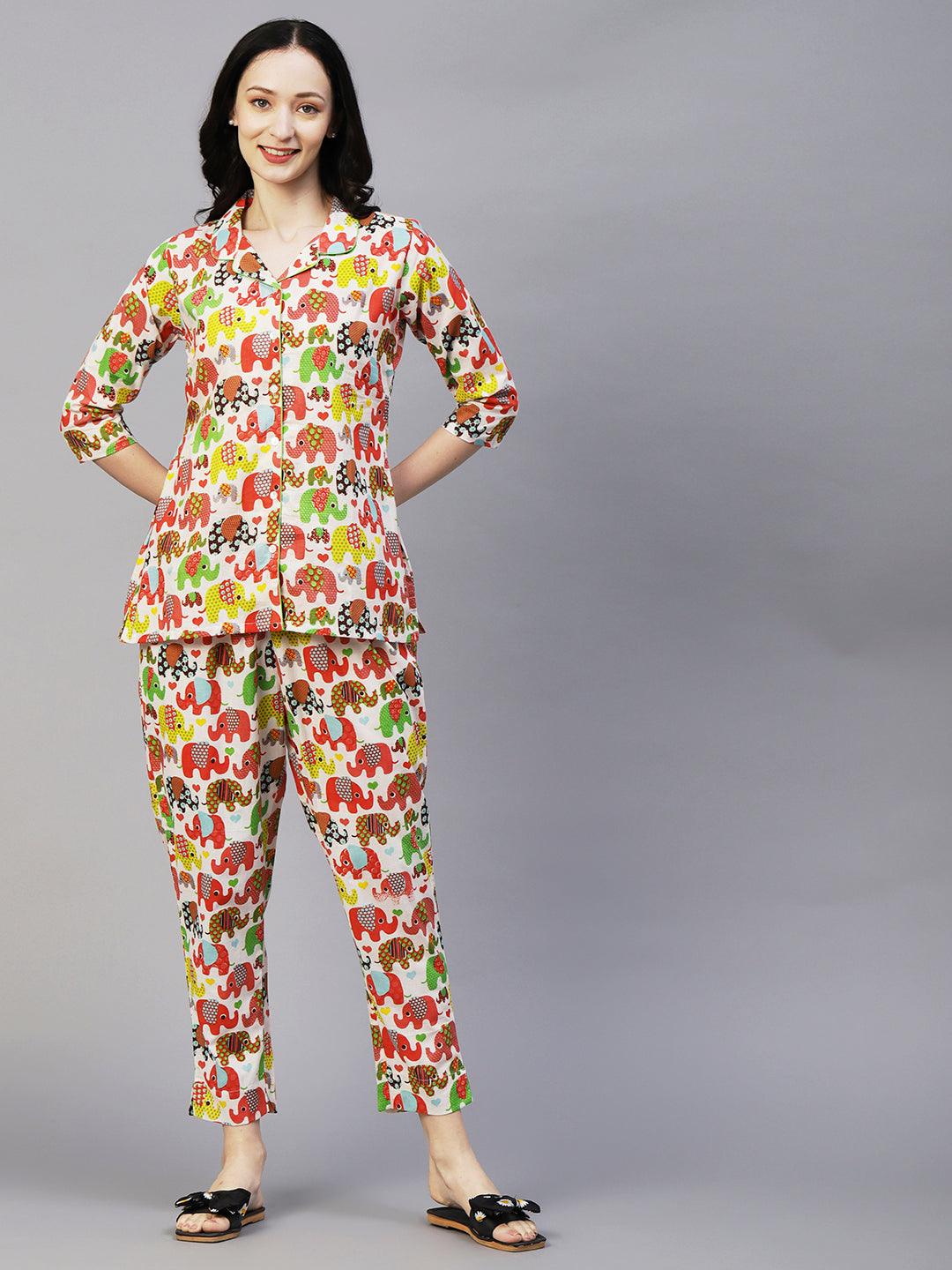 Quirky Elephant Printed Shirt With Matching Pants Lounge Wear Set - White & Multi - Indiakreations