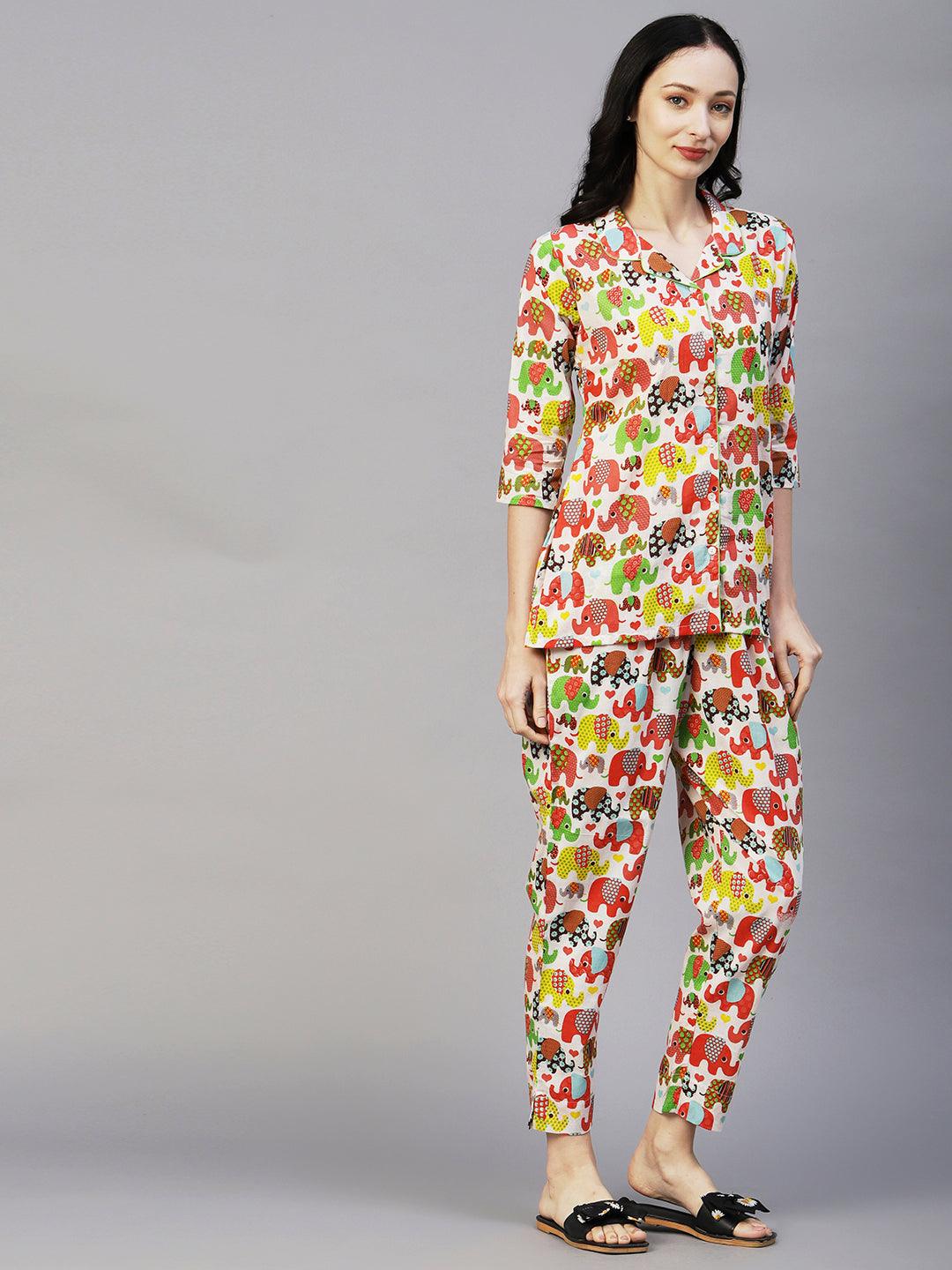 Quirky Elephant Printed Shirt With Matching Pants Lounge Wear Set - White & Multi - Indiakreations