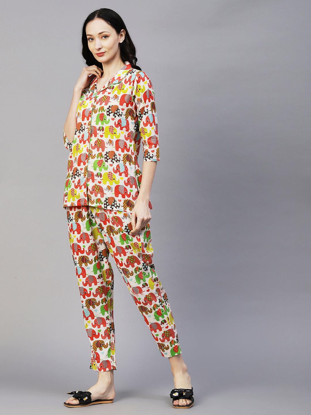 Quirky Elephant Printed Shirt With Matching Pants Lounge Wear Set - White & Multi - Indiakreations