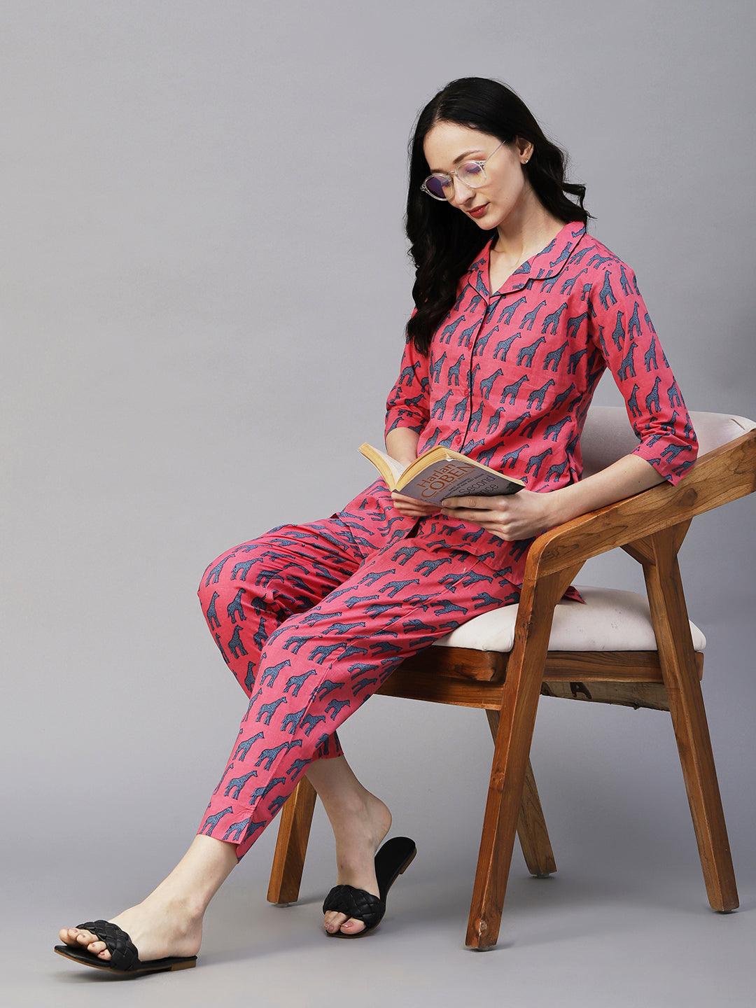 Animal Printed Shirt With Matching Pants Lounge Wear Set - Pink - Indiakreations