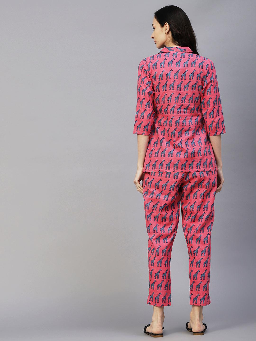 Animal Printed Shirt With Matching Pants Lounge Wear Set - Pink - Indiakreations