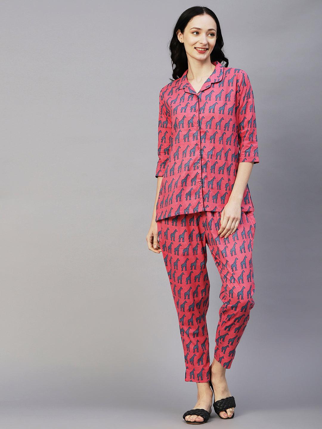 Animal Printed Shirt With Matching Pants Lounge Wear Set - Pink - Indiakreations