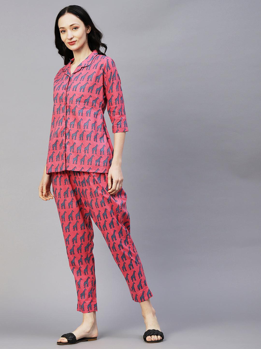 Animal Printed Shirt With Matching Pants Lounge Wear Set - Pink - Indiakreations