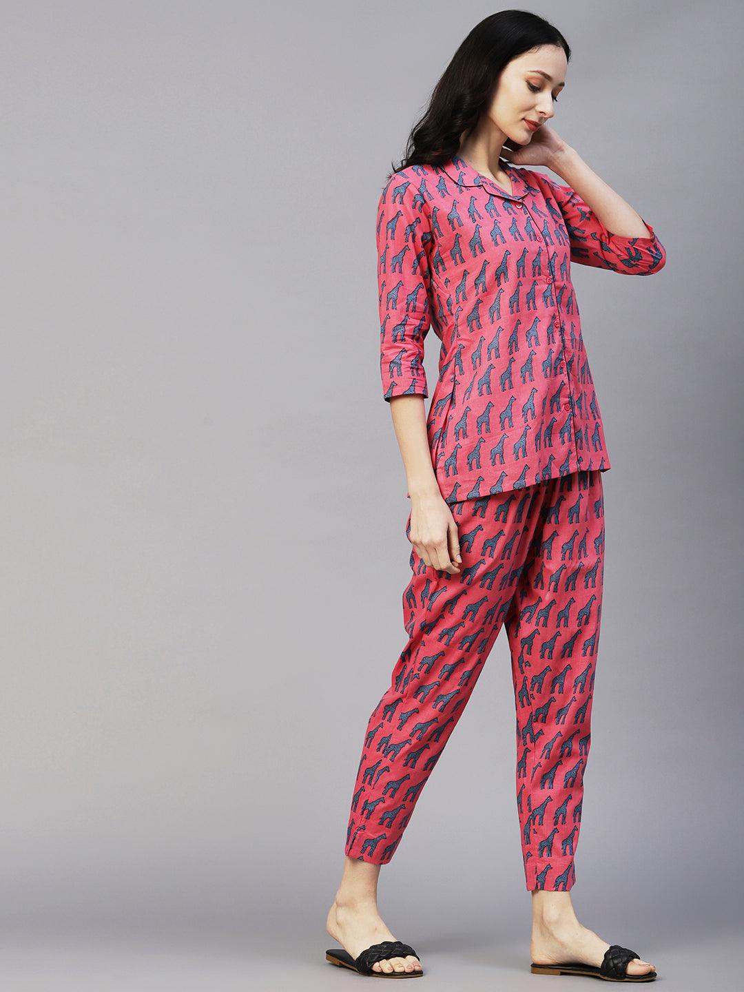 Animal Printed Shirt With Matching Pants Lounge Wear Set - Pink - Indiakreations