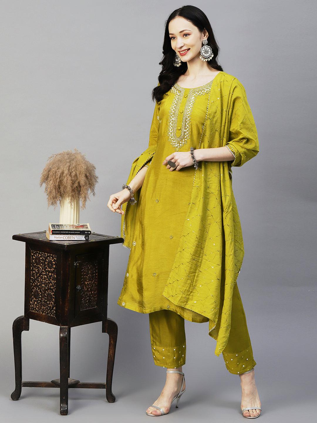 Solid Ethnic Hand Embroidered Straight Kurta with Pant & Dupatta - Green - Indiakreations