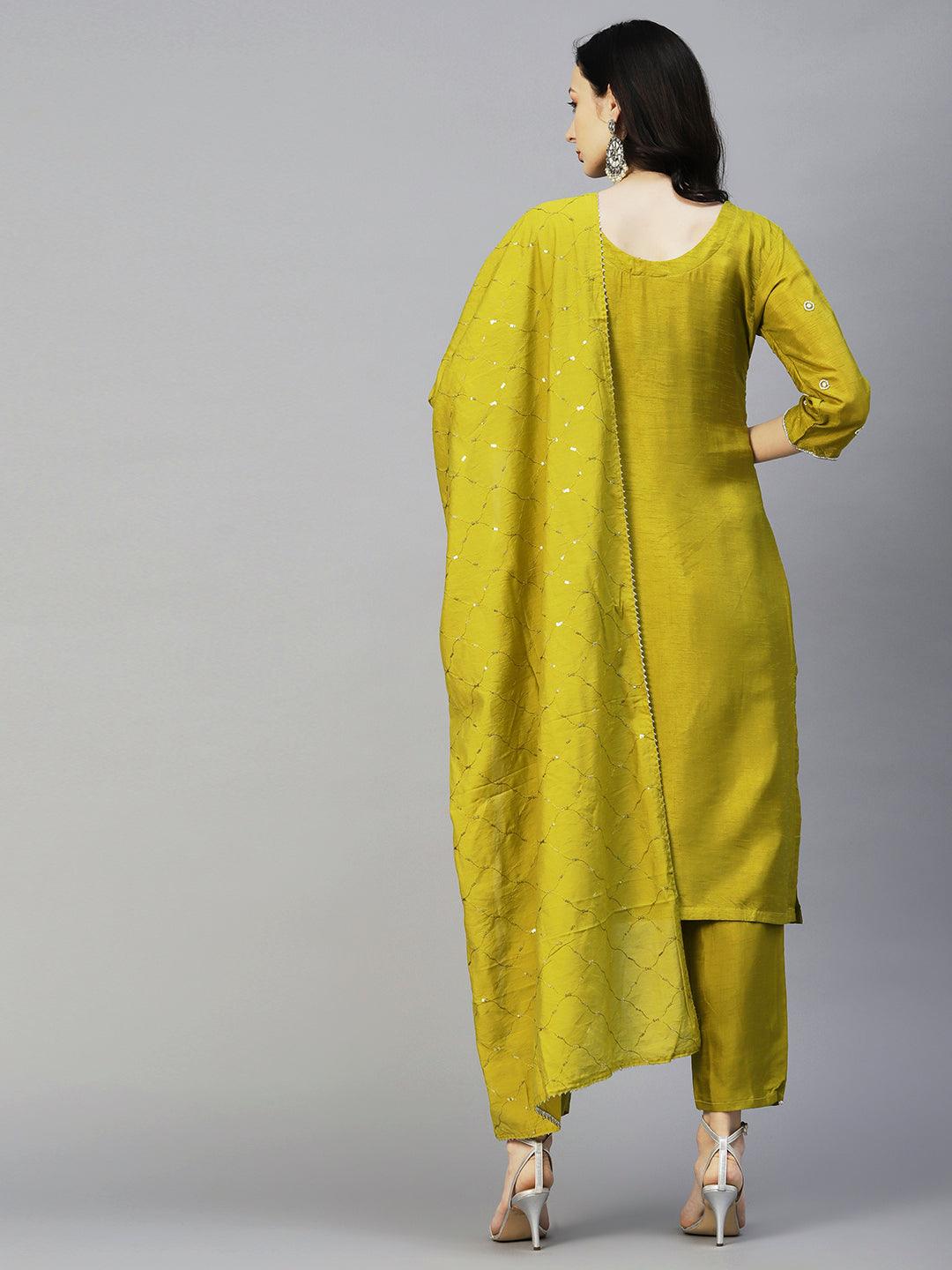 Solid Ethnic Hand Embroidered Straight Kurta with Pant & Dupatta - Green - Indiakreations