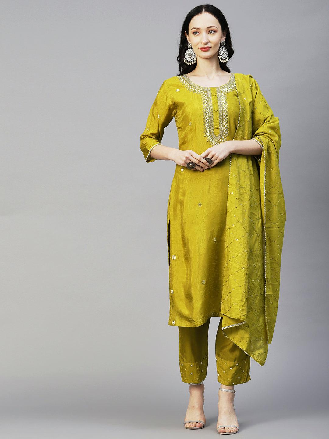 Solid Ethnic Hand Embroidered Straight Kurta with Pant & Dupatta - Green - Indiakreations