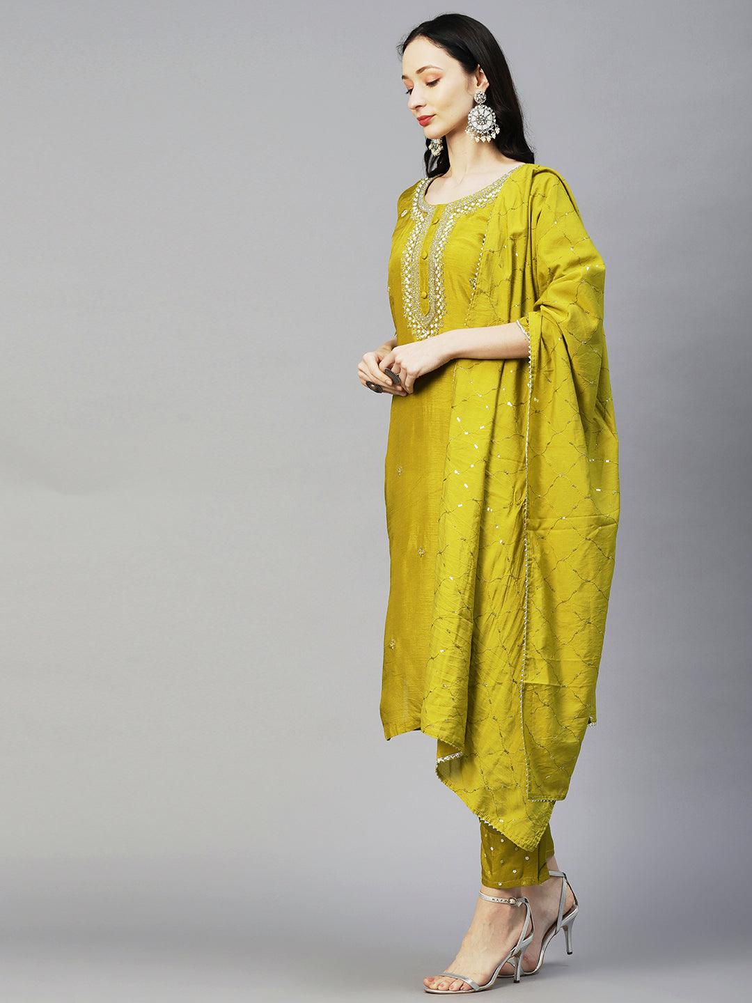 Solid Ethnic Hand Embroidered Straight Kurta with Pant & Dupatta - Green - Indiakreations