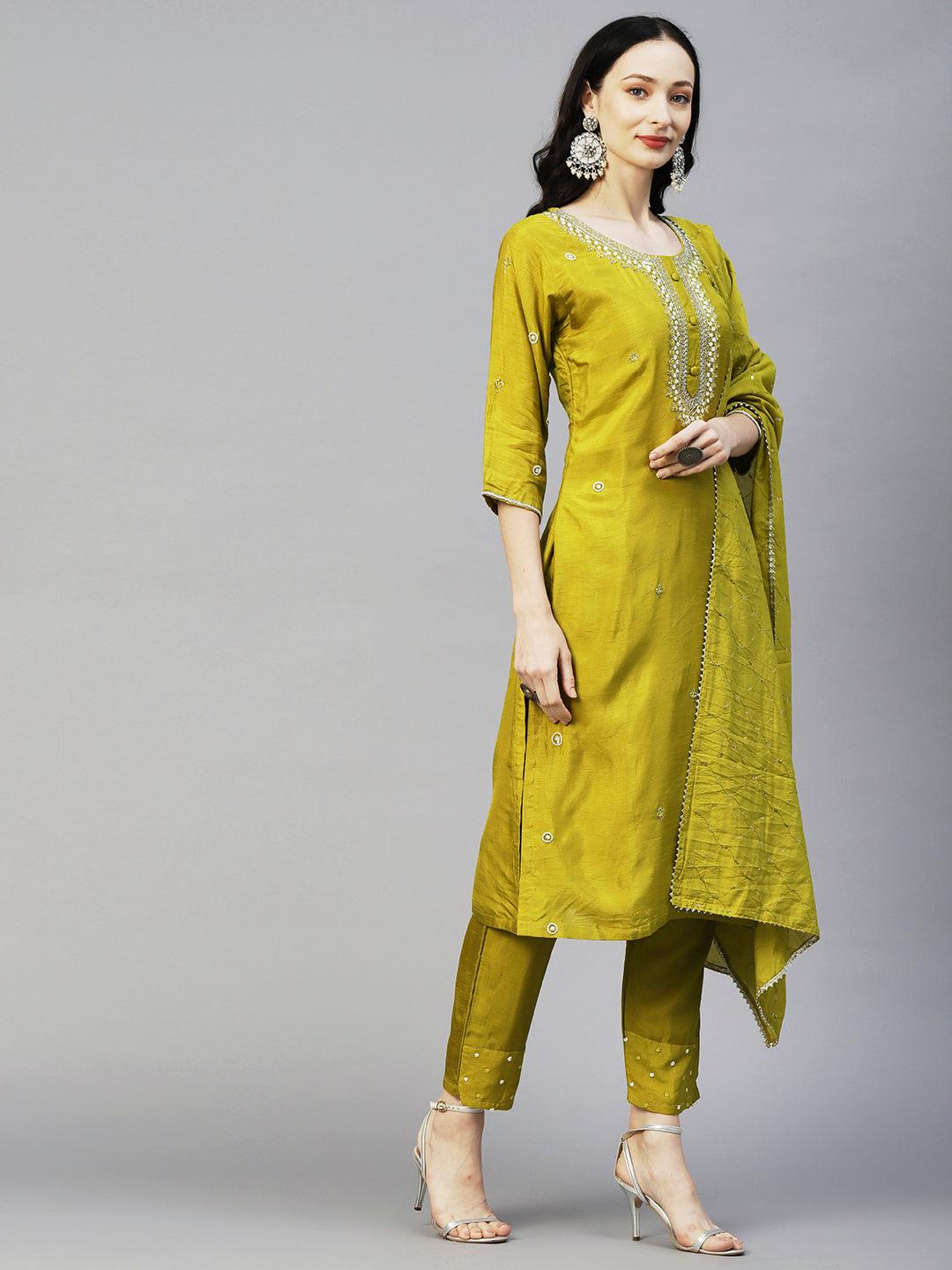 Solid Ethnic Hand Embroidered Straight Kurta with Pant & Dupatta - Green - Indiakreations