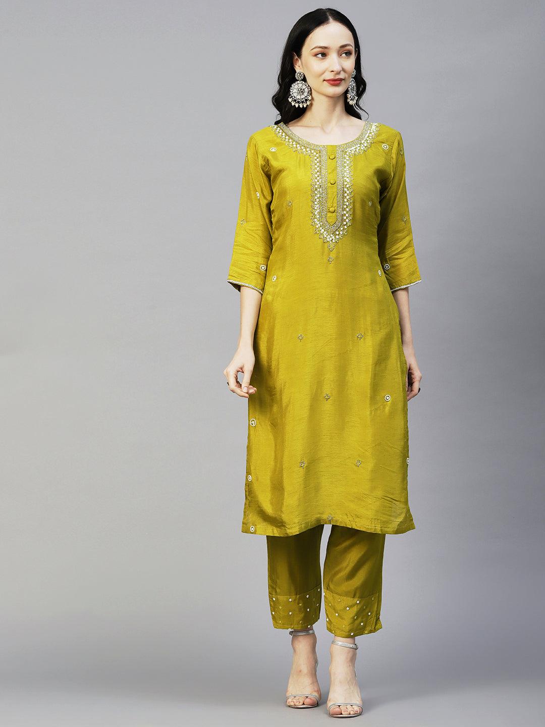 Solid Ethnic Hand Embroidered Straight Kurta with Pant & Dupatta - Green - Indiakreations