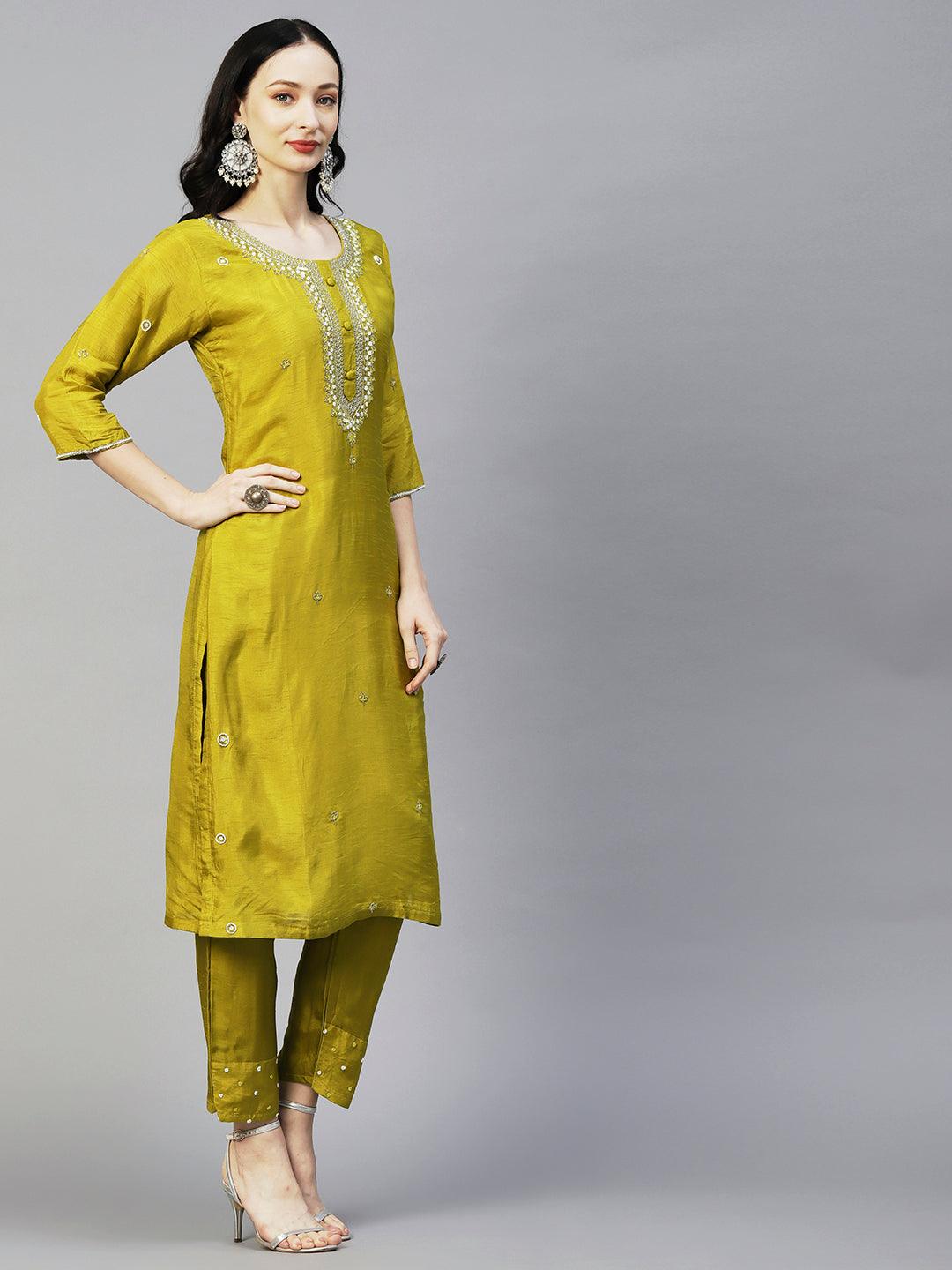 Solid Ethnic Hand Embroidered Straight Kurta with Pant & Dupatta - Green - Indiakreations