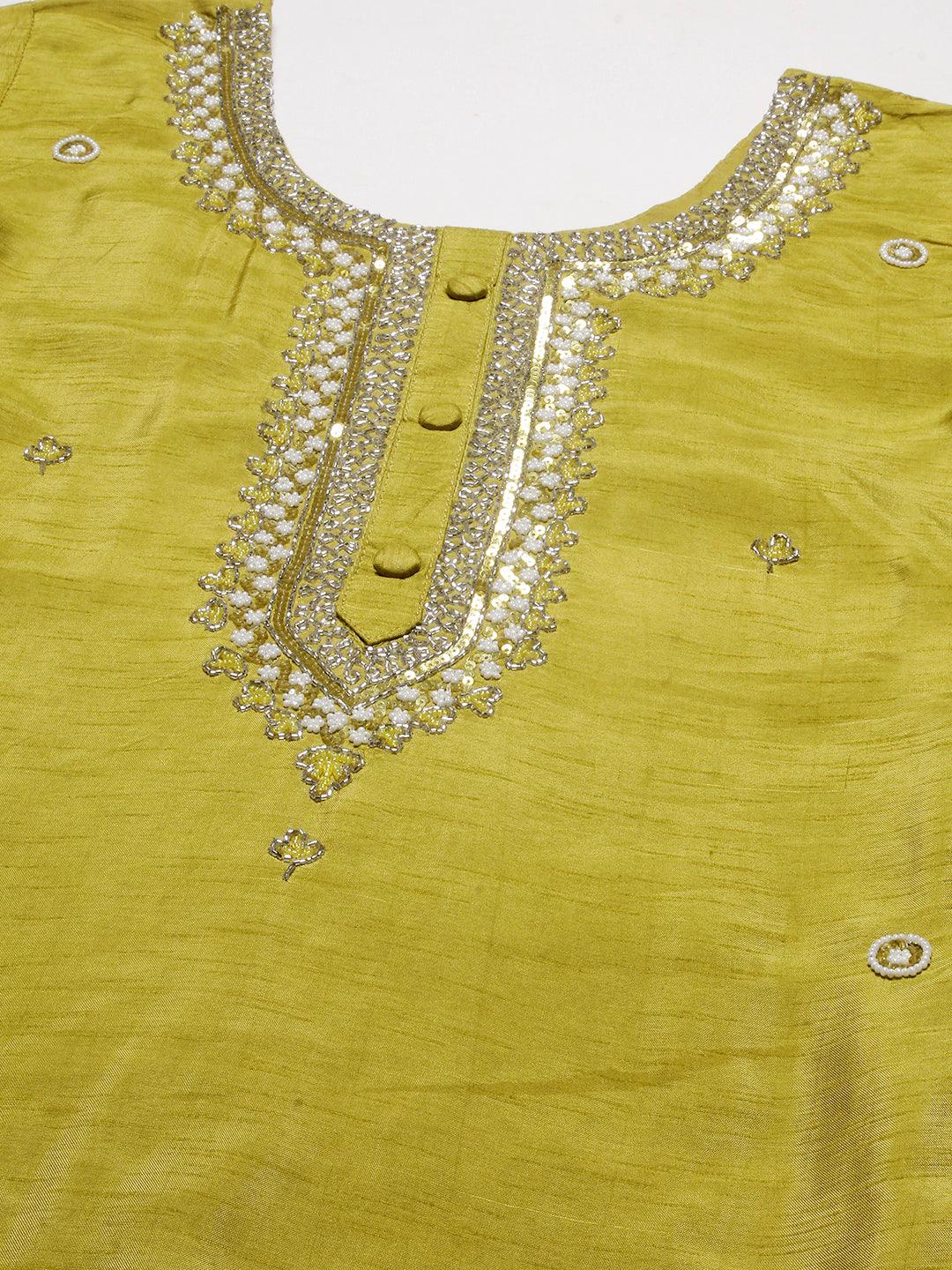 Solid Ethnic Hand Embroidered Straight Kurta with Pant & Dupatta - Green - Indiakreations