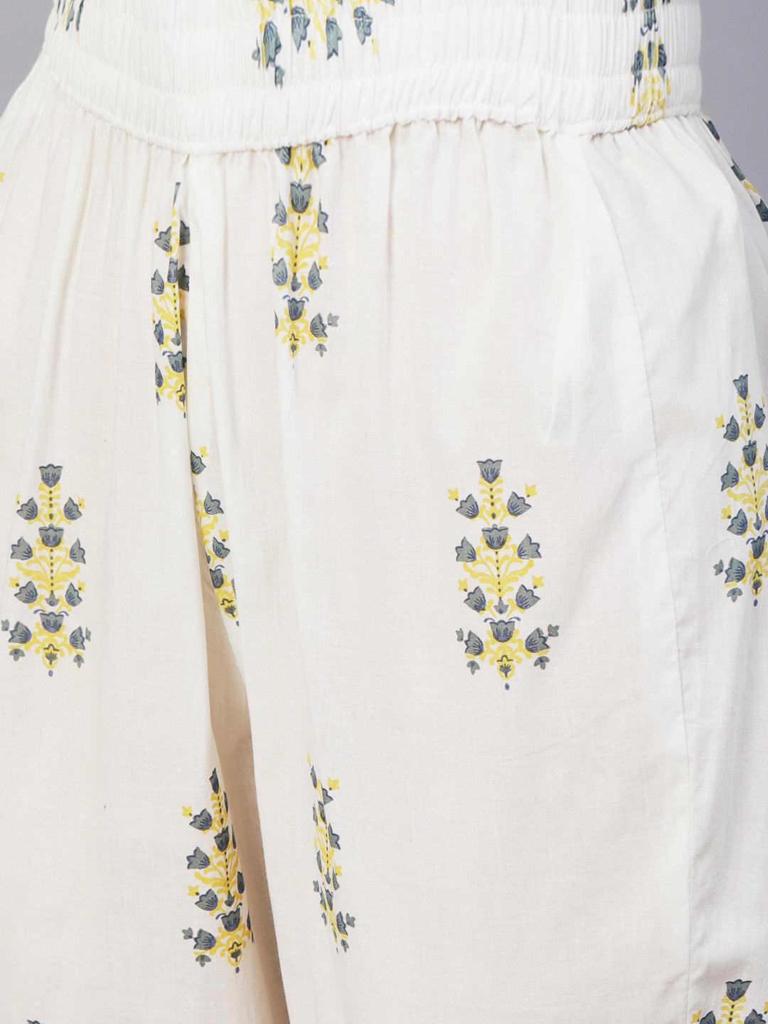 Floral Printed & Embroidered A-Line Kurta with Pant & Dupatta - Off White - Indiakreations