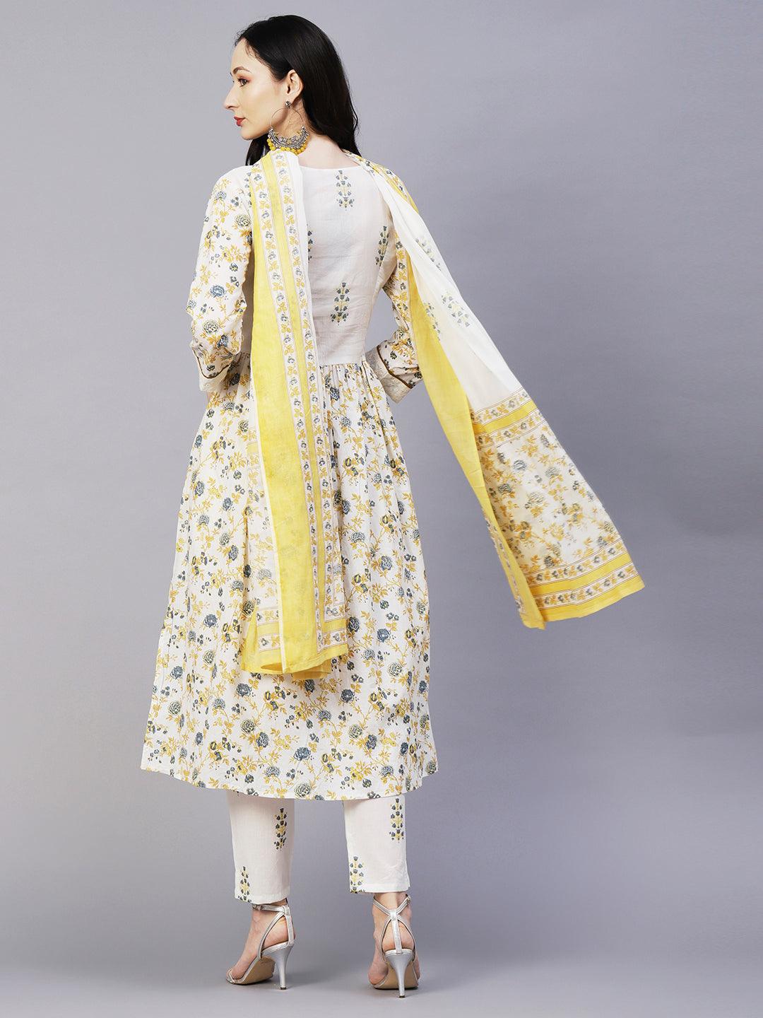 Floral Printed & Embroidered A-Line Kurta with Pant & Dupatta - Off White - Indiakreations