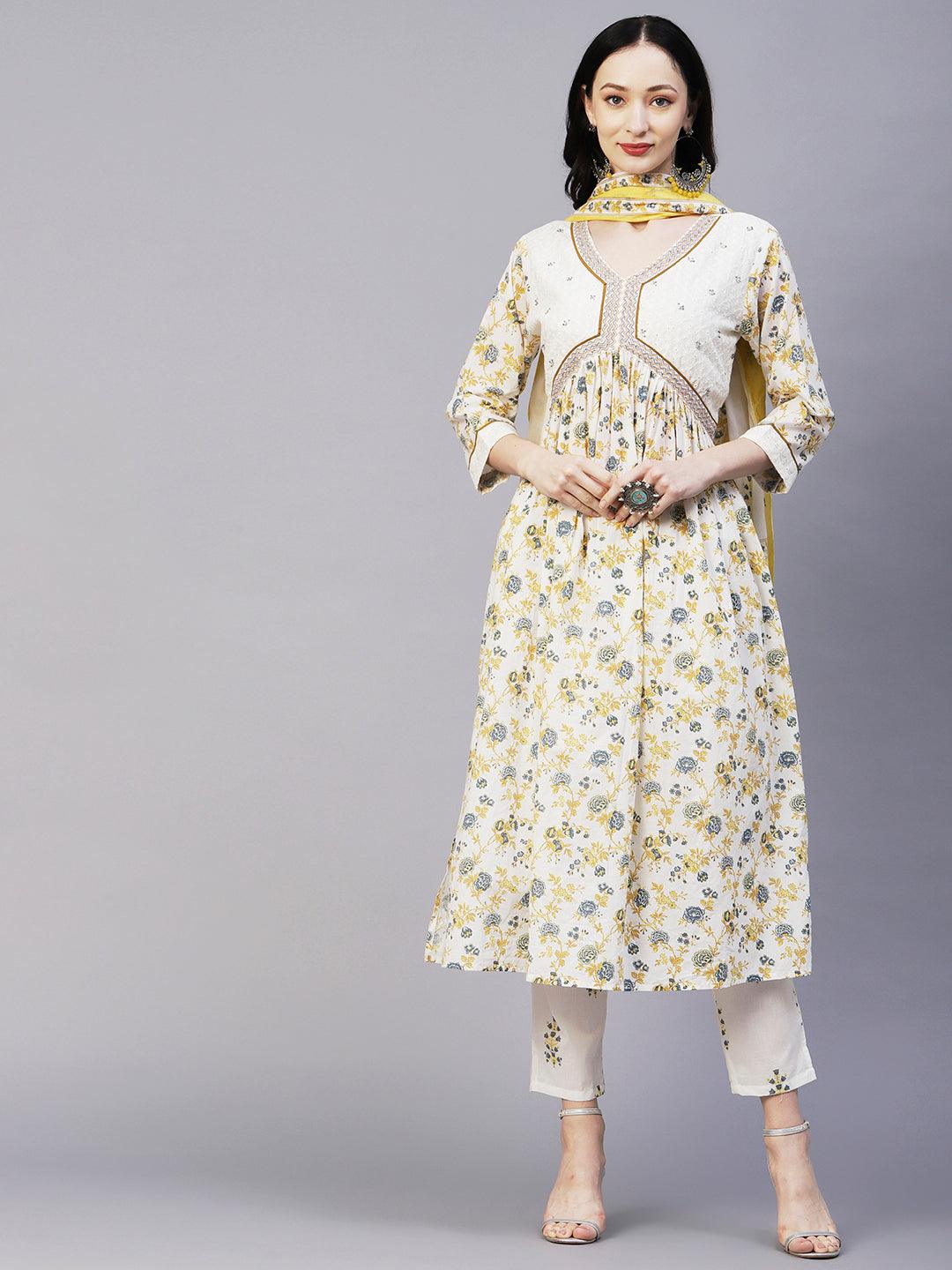 Floral Printed & Embroidered A-Line Kurta with Pant & Dupatta - Off White - Indiakreations