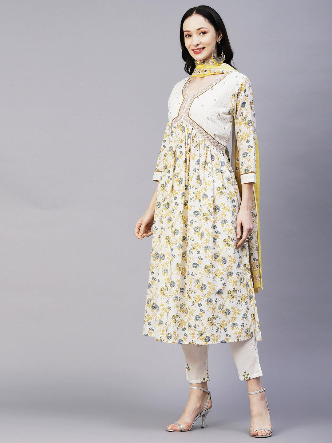 Floral Printed & Embroidered A-Line Kurta with Pant & Dupatta - Off White - Indiakreations