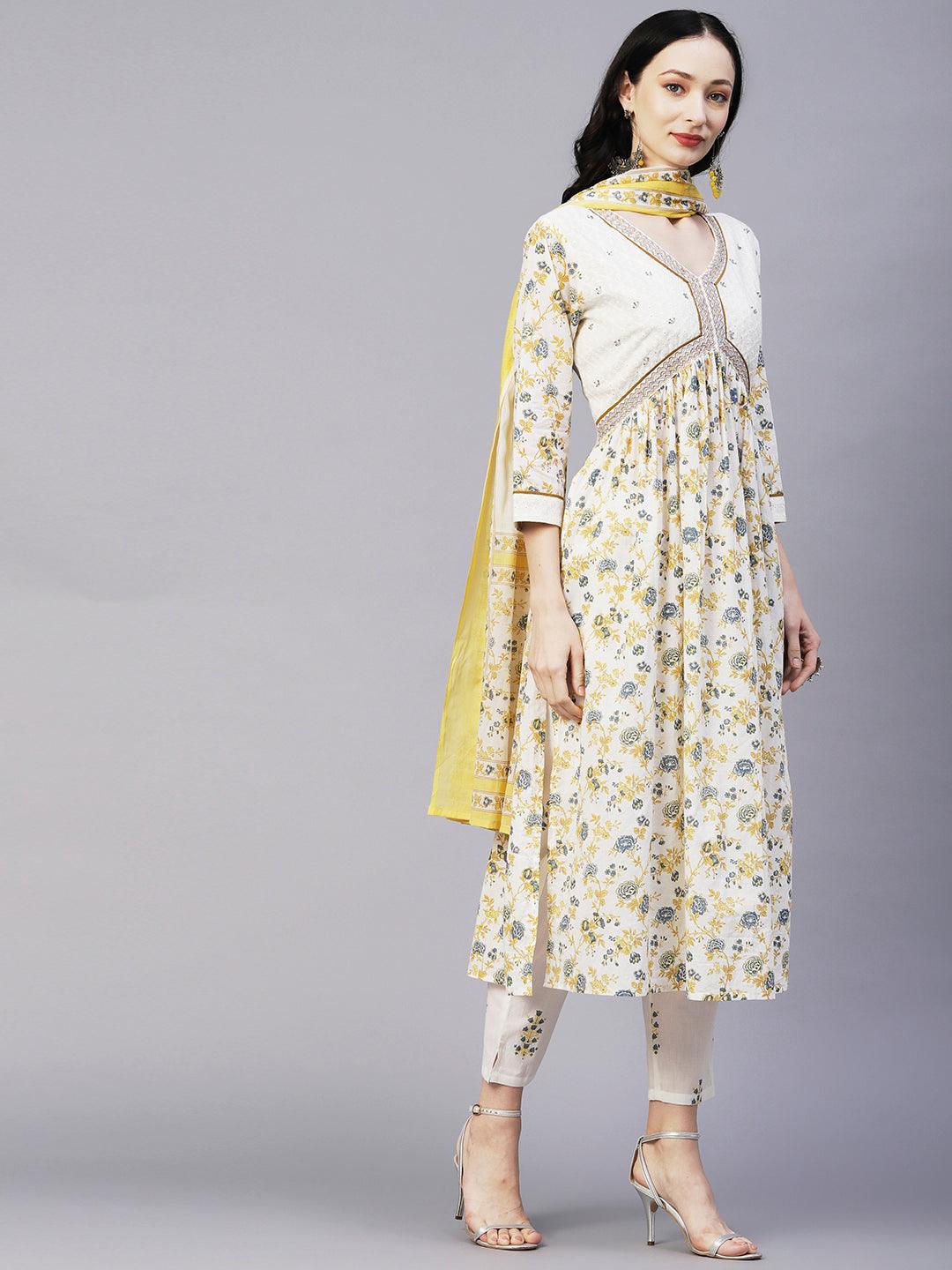 Floral Printed & Embroidered A-Line Kurta with Pant & Dupatta - Off White - Indiakreations