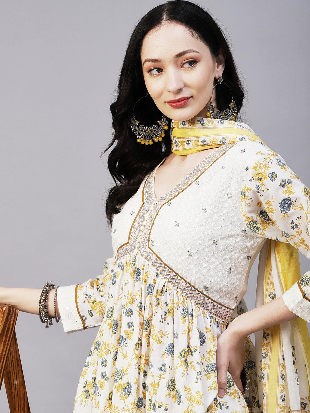 Floral Printed & Embroidered A-Line Kurta with Pant & Dupatta - Off White - Indiakreations