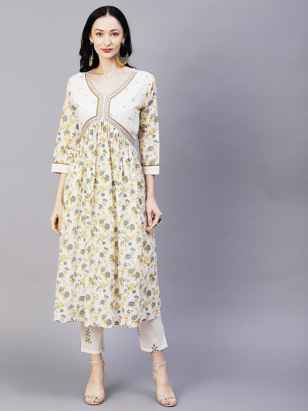 Floral Printed & Embroidered A-Line Kurta with Pant & Dupatta - Off White - Indiakreations