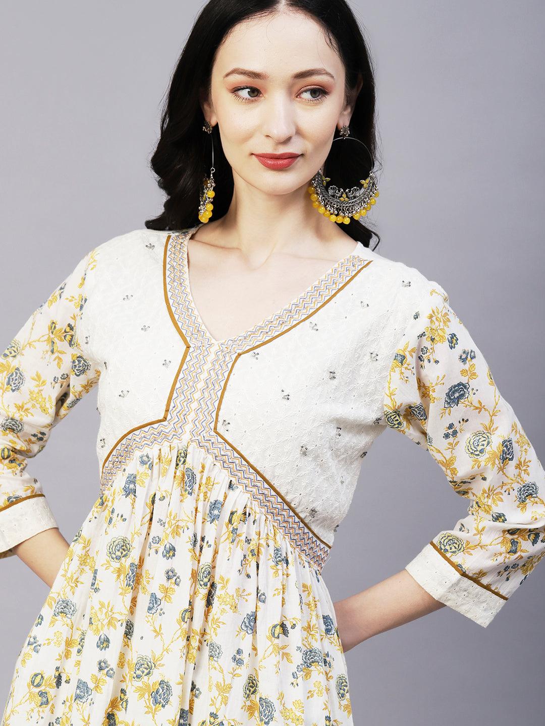 Floral Printed & Embroidered A-Line Kurta with Pant & Dupatta - Off White - Indiakreations