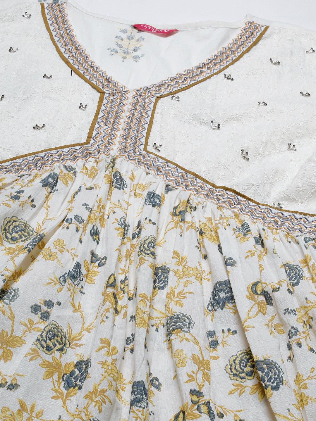 Floral Printed & Embroidered A-Line Kurta with Pant & Dupatta - Off White - Indiakreations