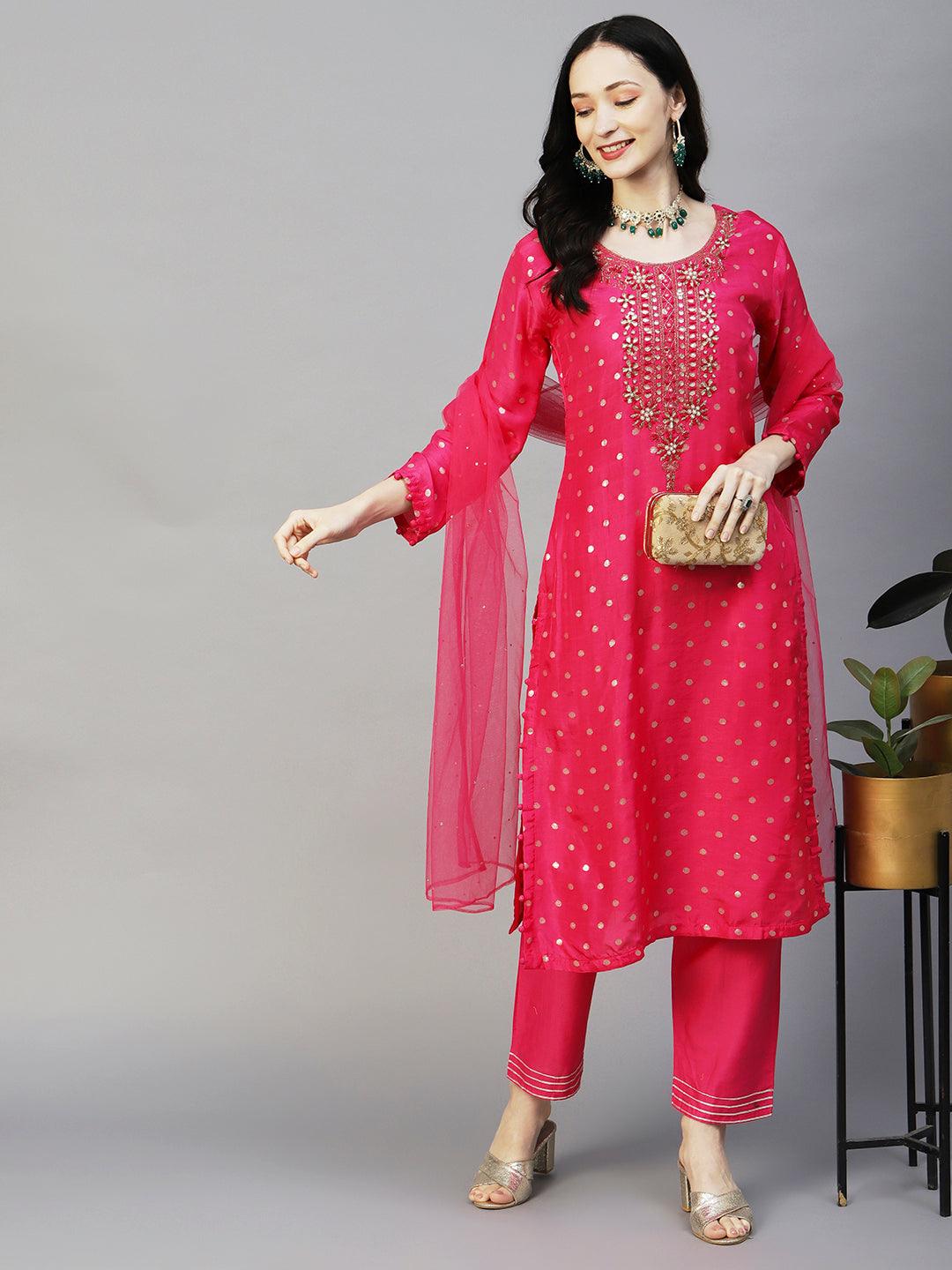 Ethnic Woven & Hand Embroidered Straight Kurta with Pant & Dupatta - Fuchsia - Indiakreations