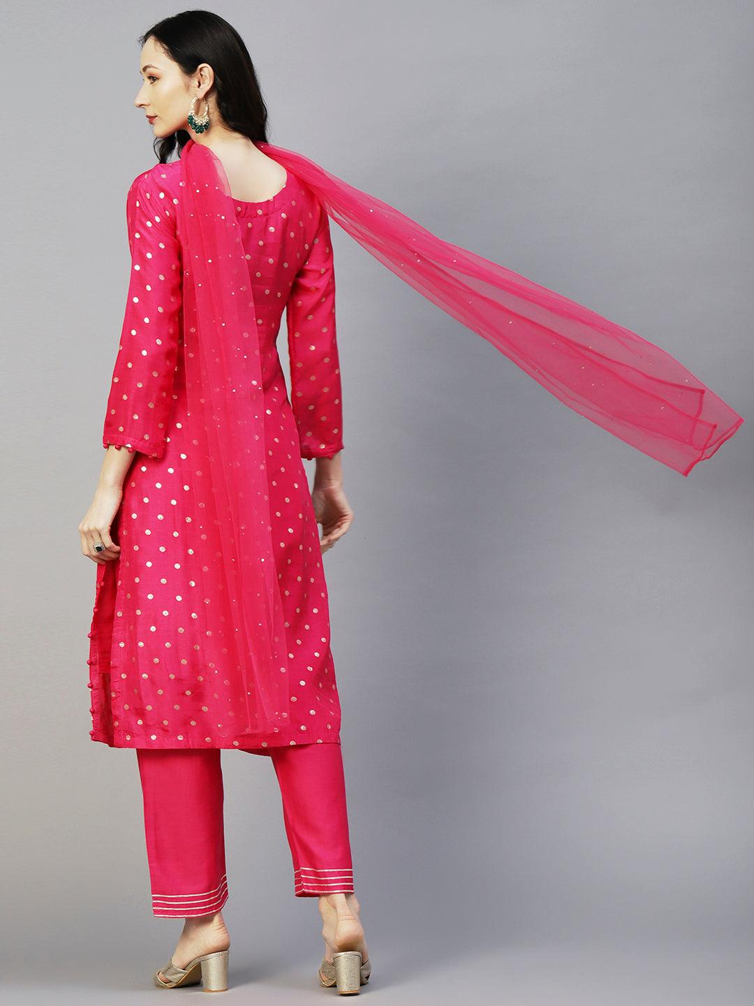 Ethnic Woven & Hand Embroidered Straight Kurta with Pant & Dupatta - Fuchsia - Indiakreations