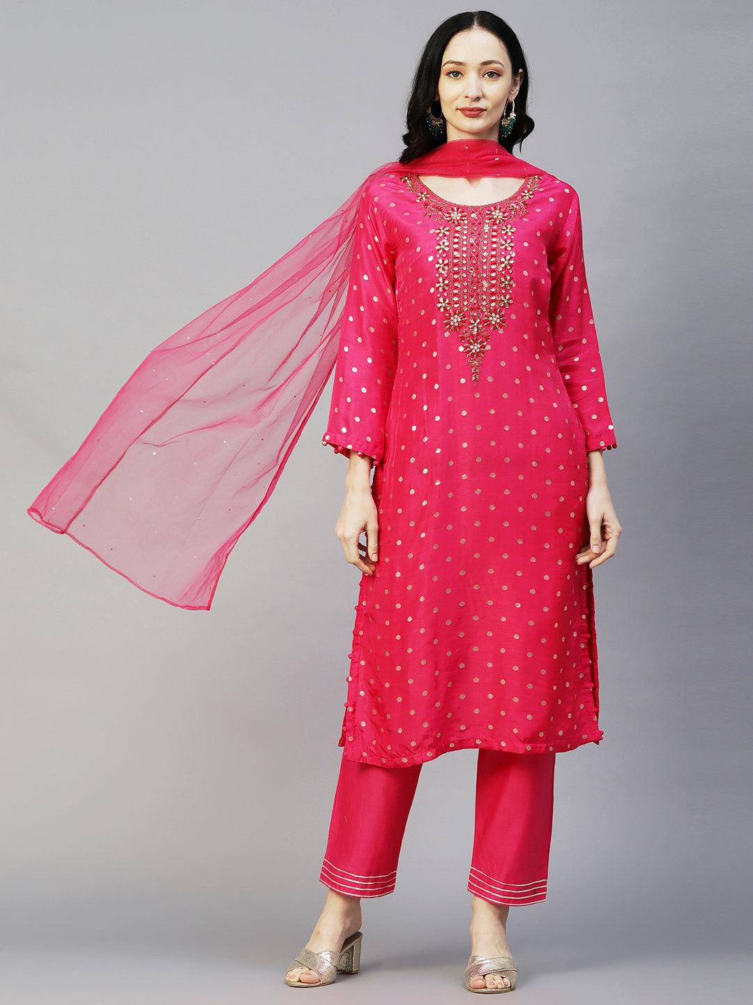 Ethnic Woven & Hand Embroidered Straight Kurta with Pant & Dupatta - Fuchsia - Indiakreations