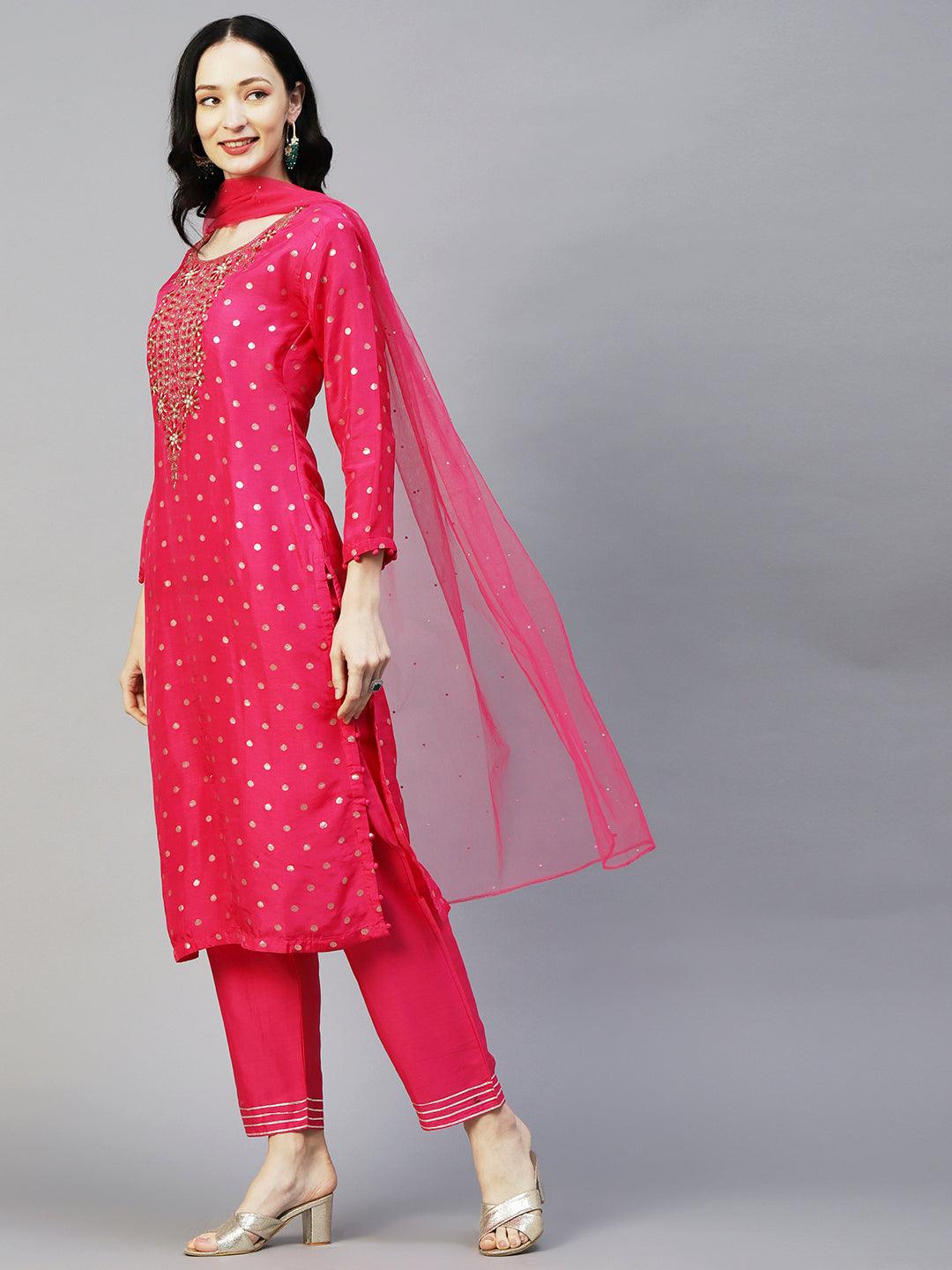 Ethnic Woven & Hand Embroidered Straight Kurta with Pant & Dupatta - Fuchsia - Indiakreations