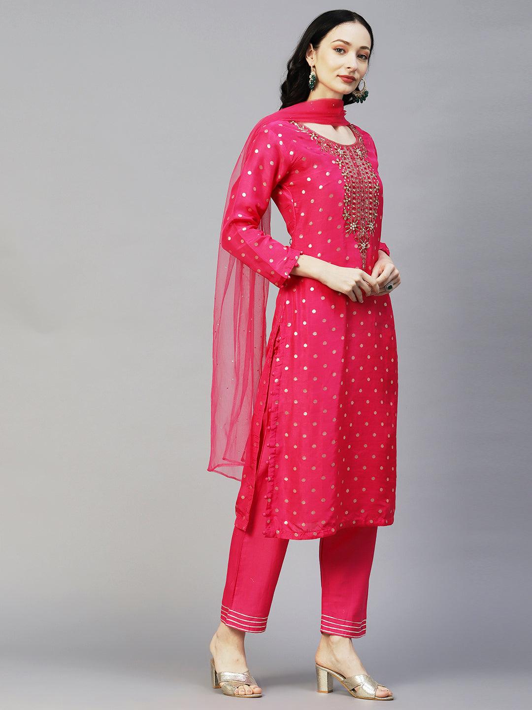 Ethnic Woven & Hand Embroidered Straight Kurta with Pant & Dupatta - Fuchsia - Indiakreations