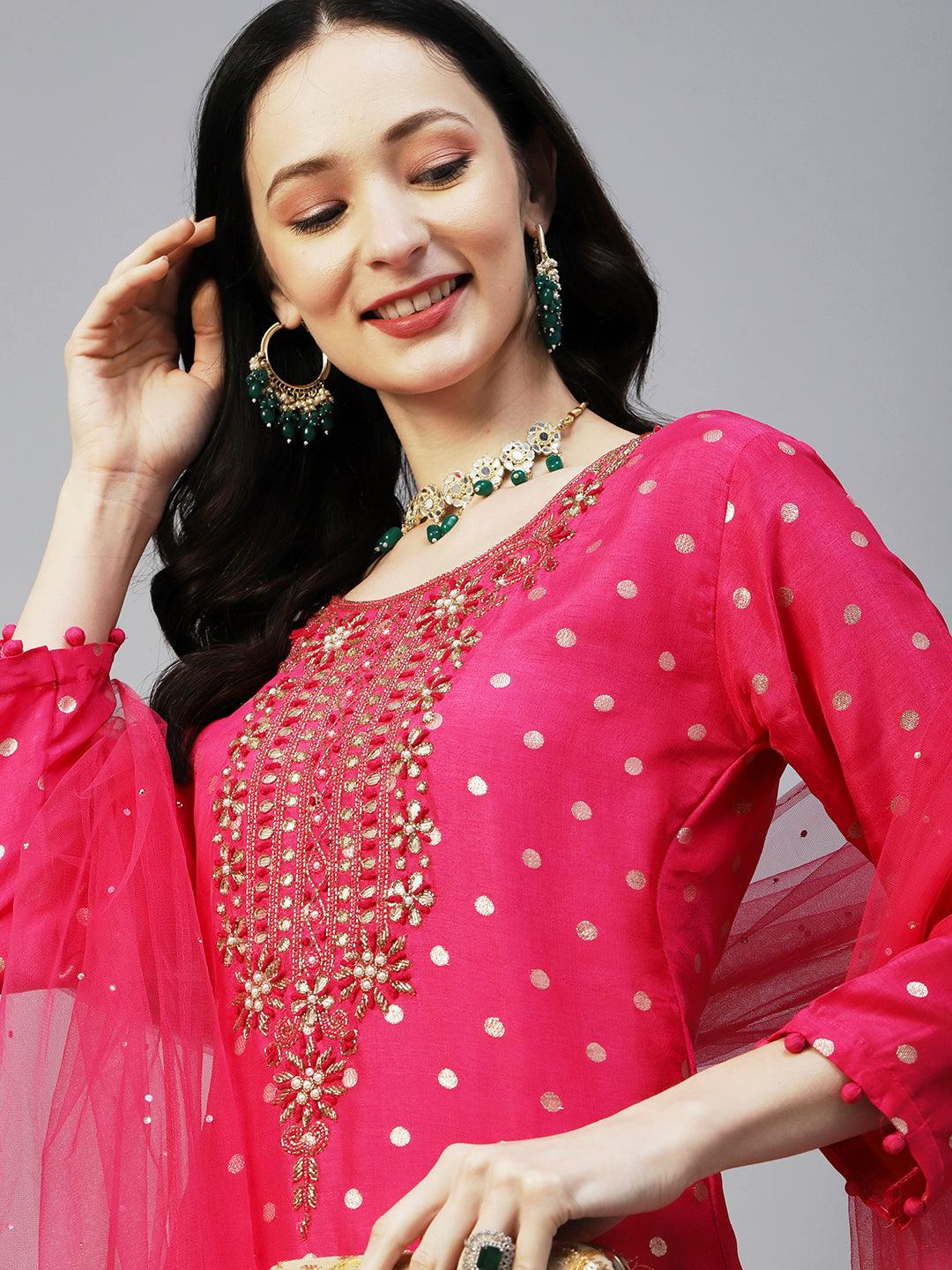 Ethnic Woven & Hand Embroidered Straight Kurta with Pant & Dupatta - Fuchsia - Indiakreations