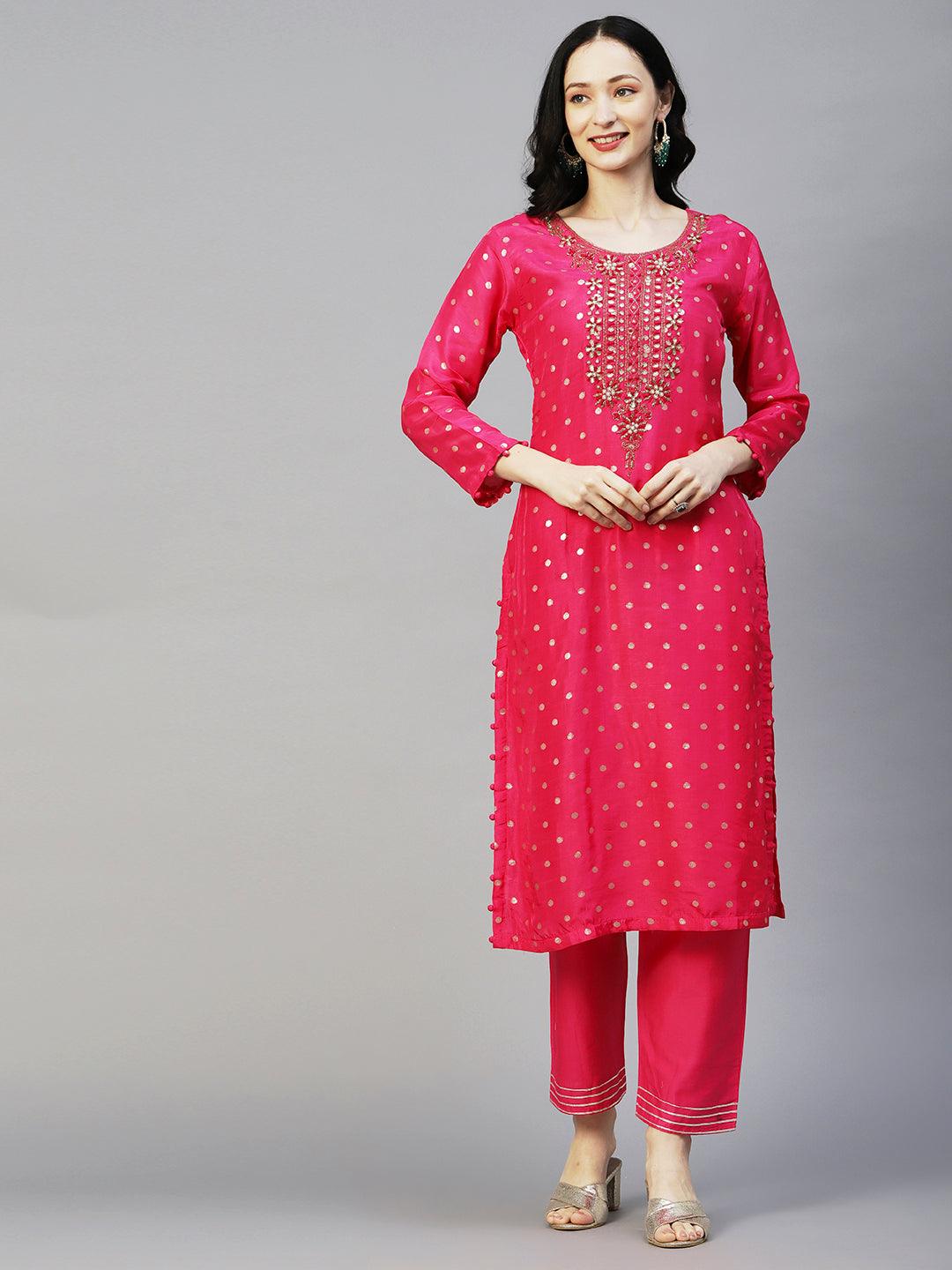 Ethnic Woven & Hand Embroidered Straight Kurta with Pant & Dupatta - Fuchsia - Indiakreations