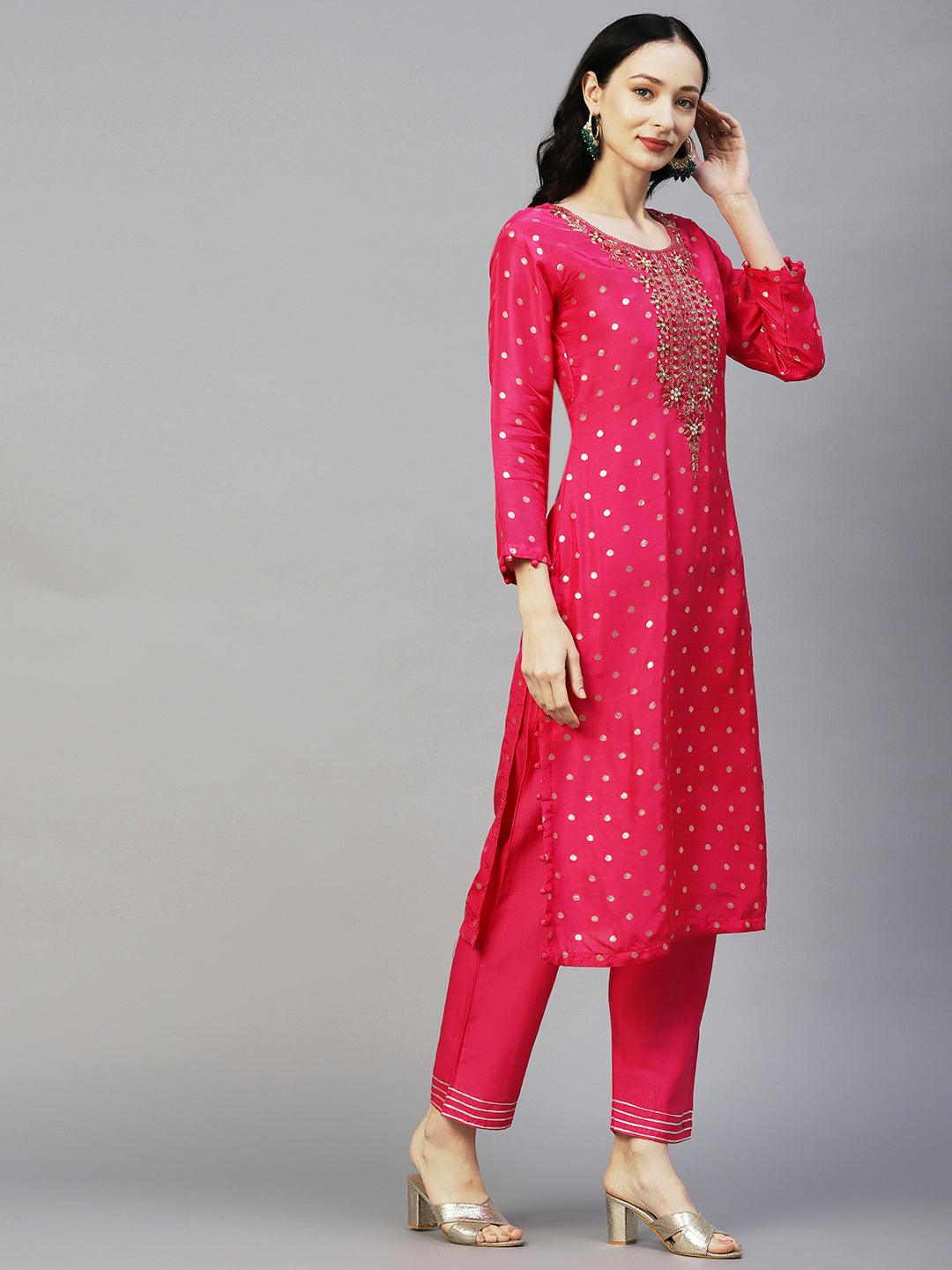 Ethnic Woven & Hand Embroidered Straight Kurta with Pant & Dupatta - Fuchsia - Indiakreations