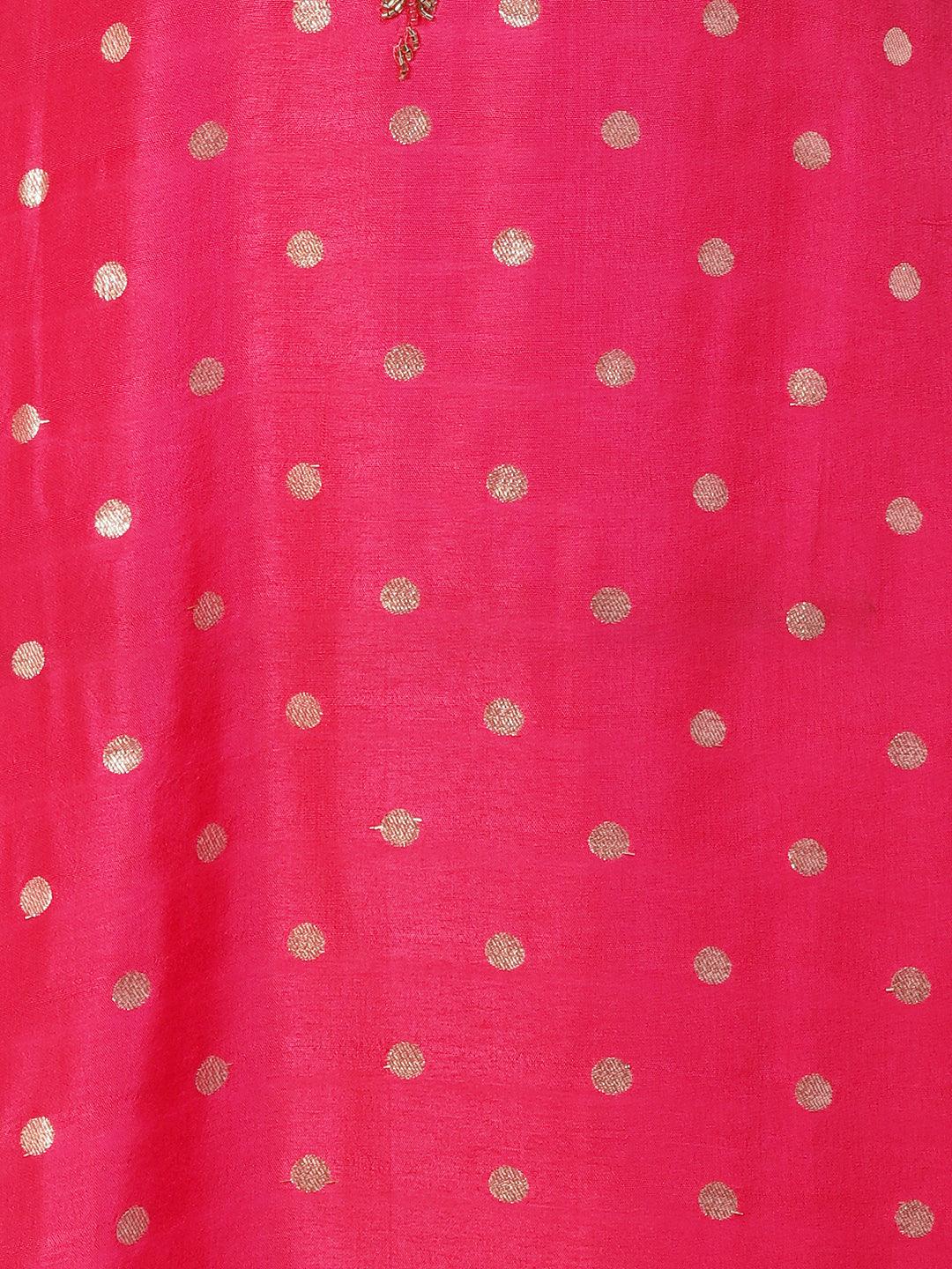 Ethnic Woven & Hand Embroidered Straight Kurta with Pant & Dupatta - Fuchsia - Indiakreations