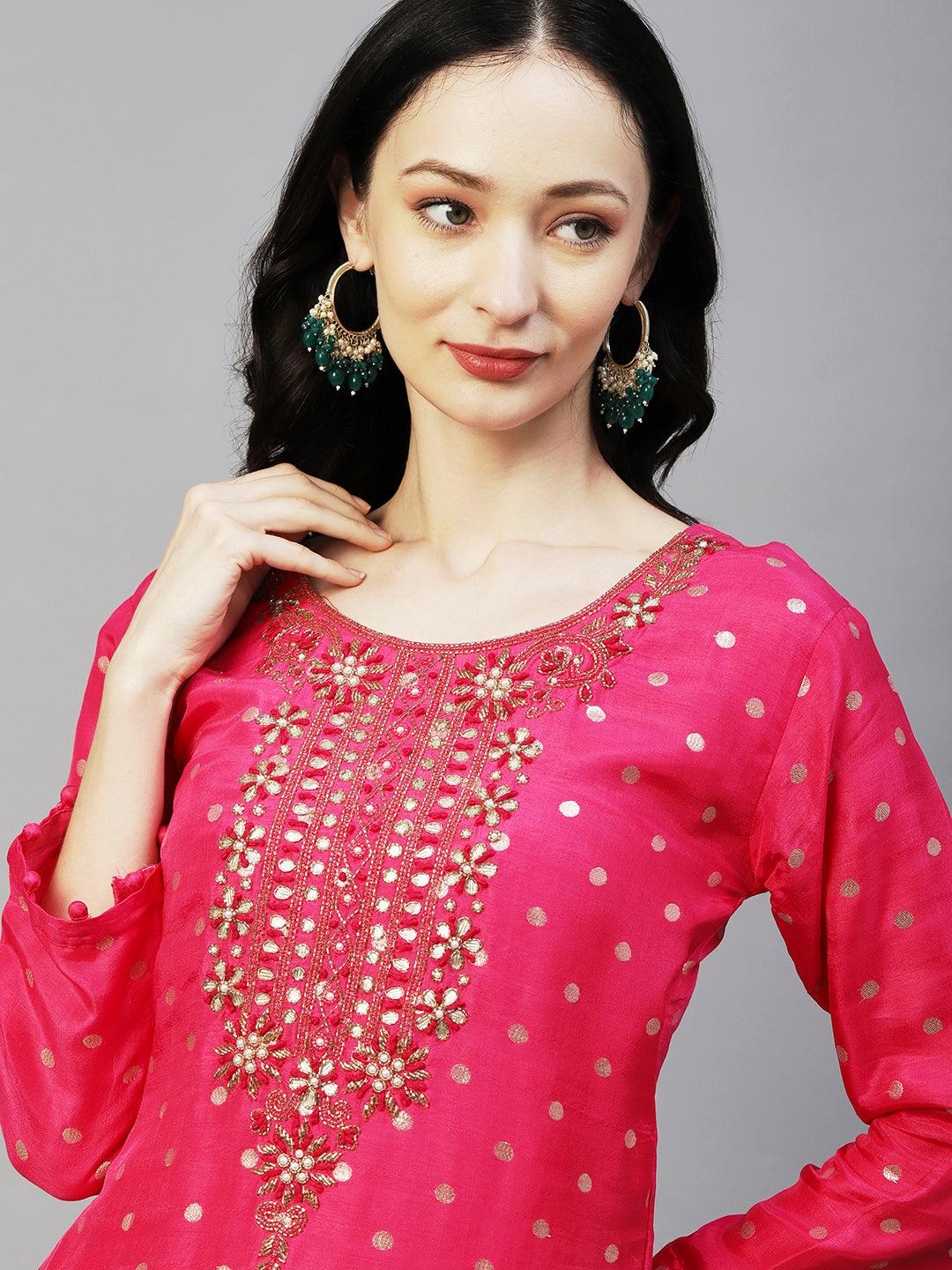 Ethnic Woven & Hand Embroidered Straight Kurta with Pant & Dupatta - Fuchsia - Indiakreations