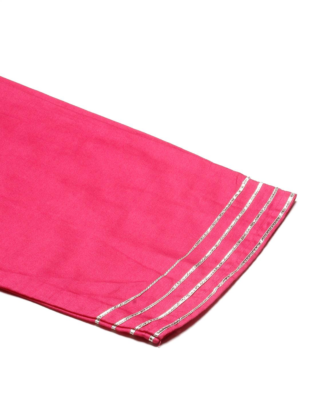 Ethnic Woven & Hand Embroidered Straight Kurta with Pant & Dupatta - Fuchsia - Indiakreations